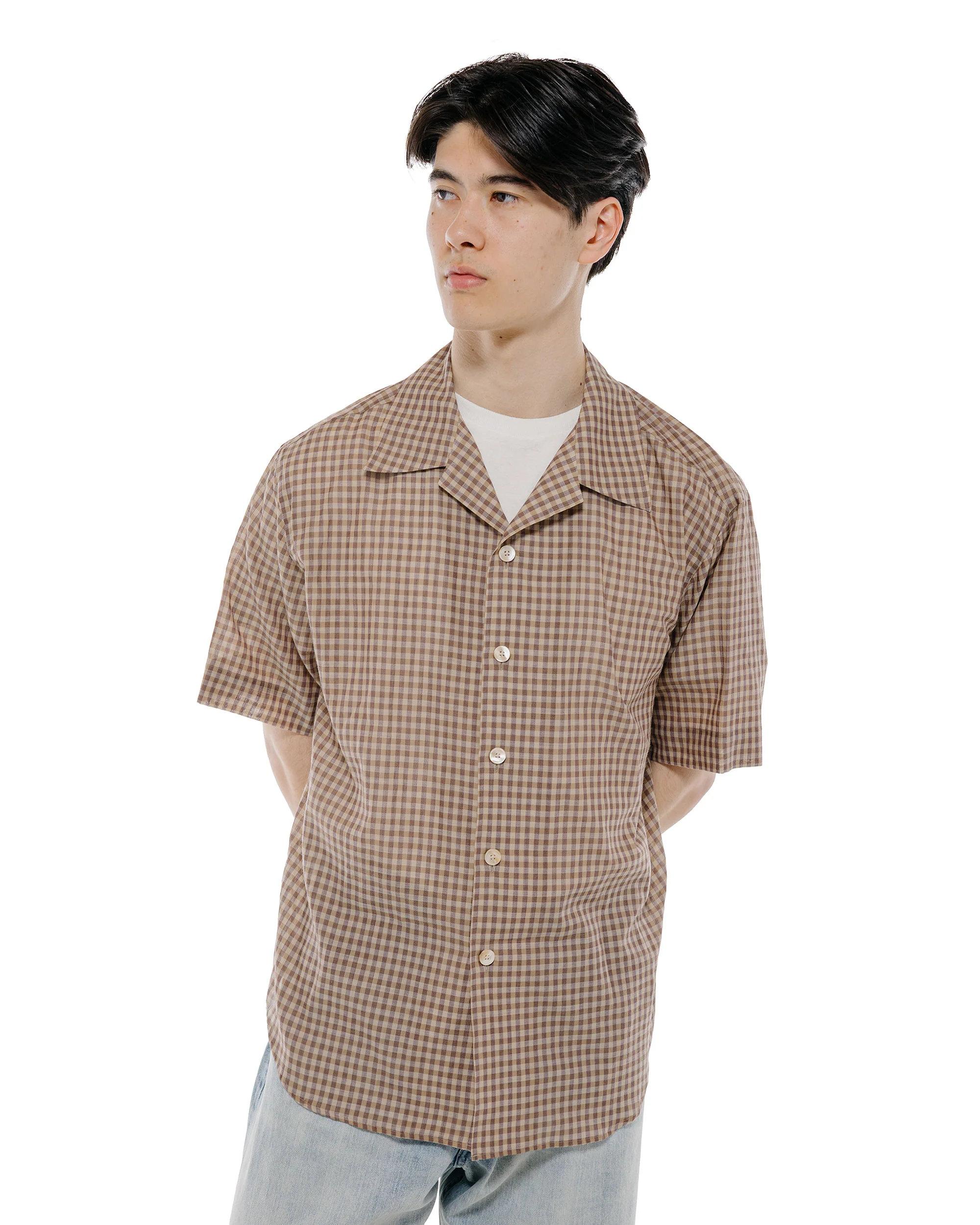Auralee Airy Light Cotton Check Half Sleeved Shirt Brown Gingham Check - Image 2