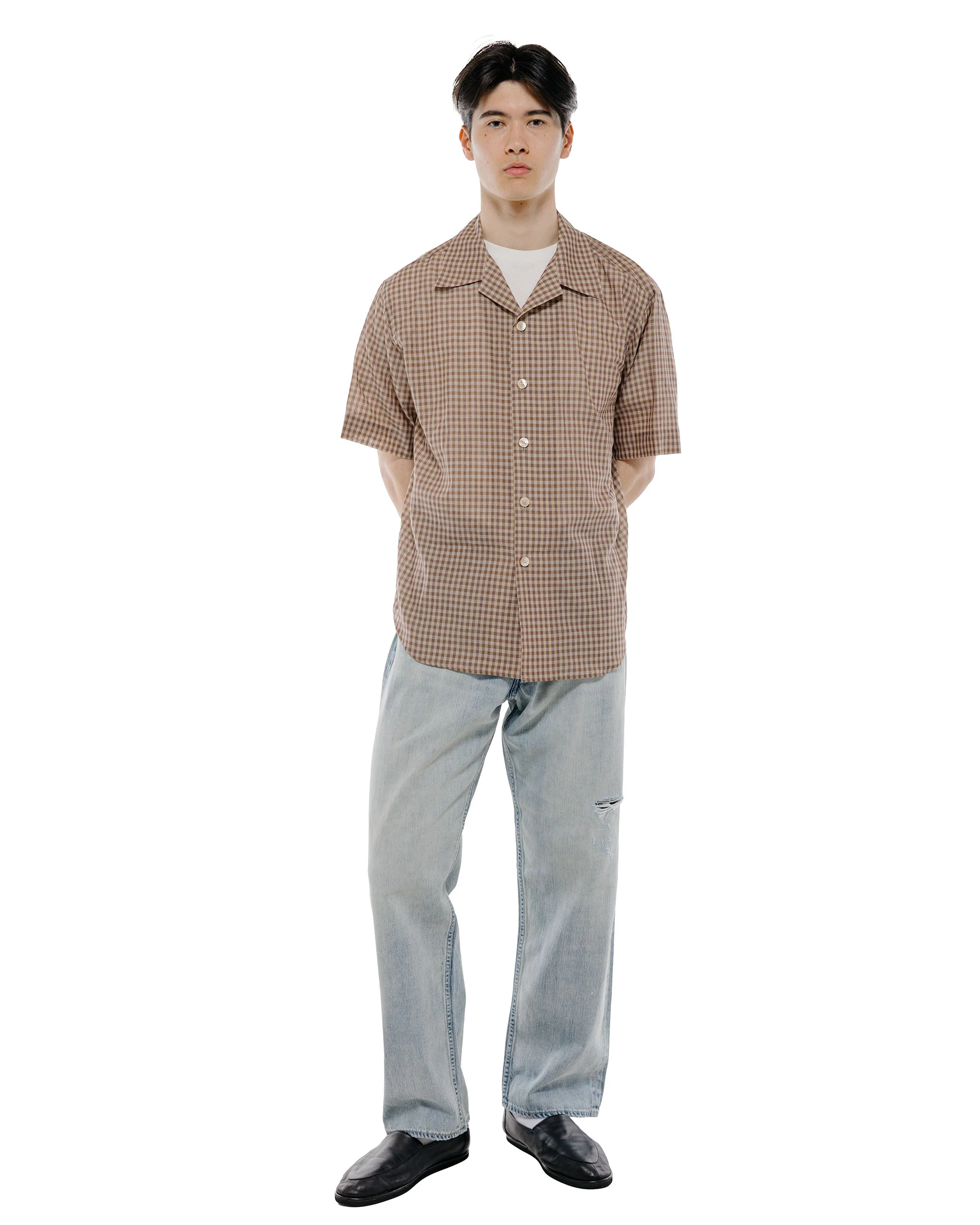 Auralee Airy Light Cotton Check Half Sleeved Shirt Brown Gingham Check - Image 5