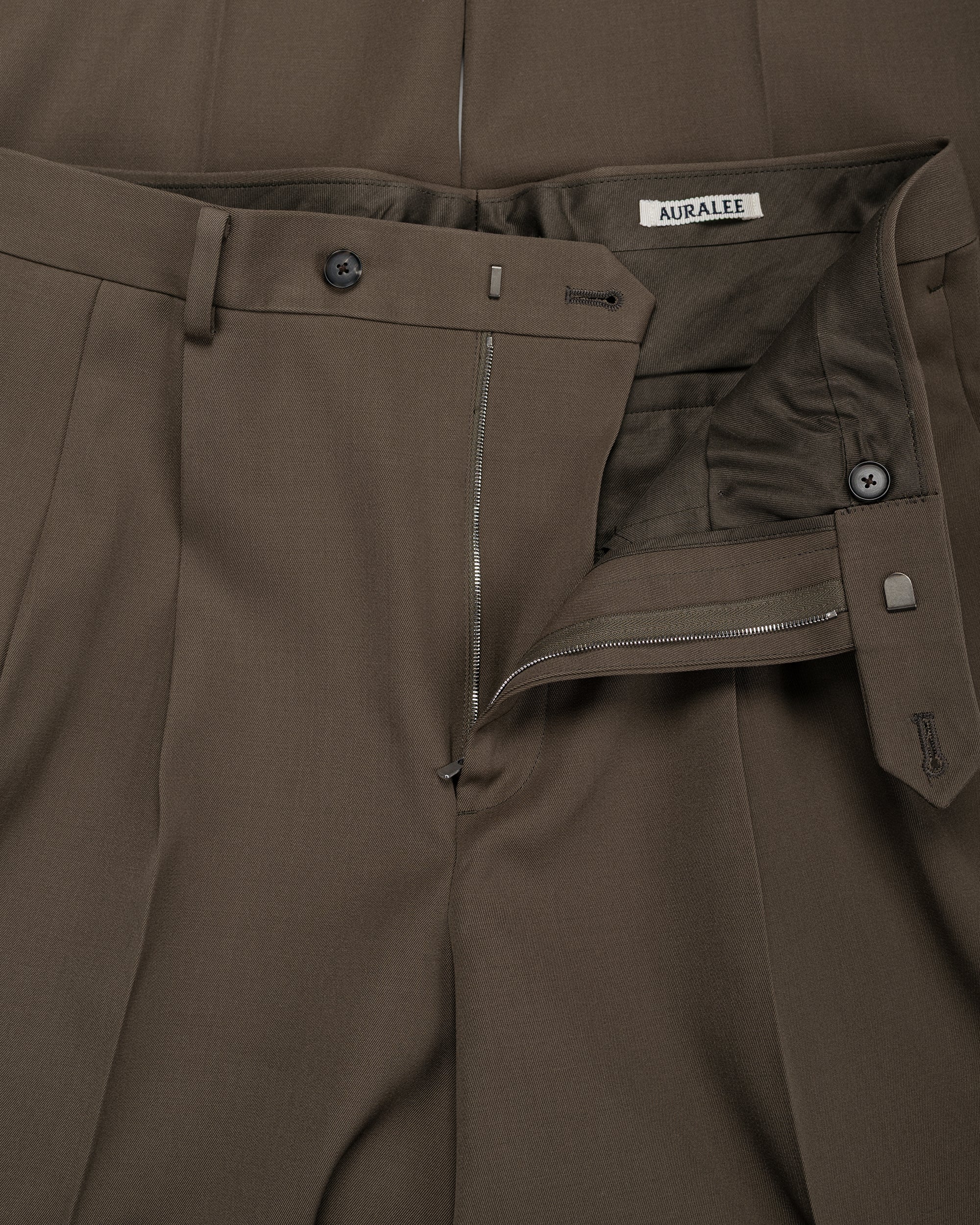 Auralee Light Wool Max Gabardine Two-Tuck Slacks Dark Olive Brown - Image 5