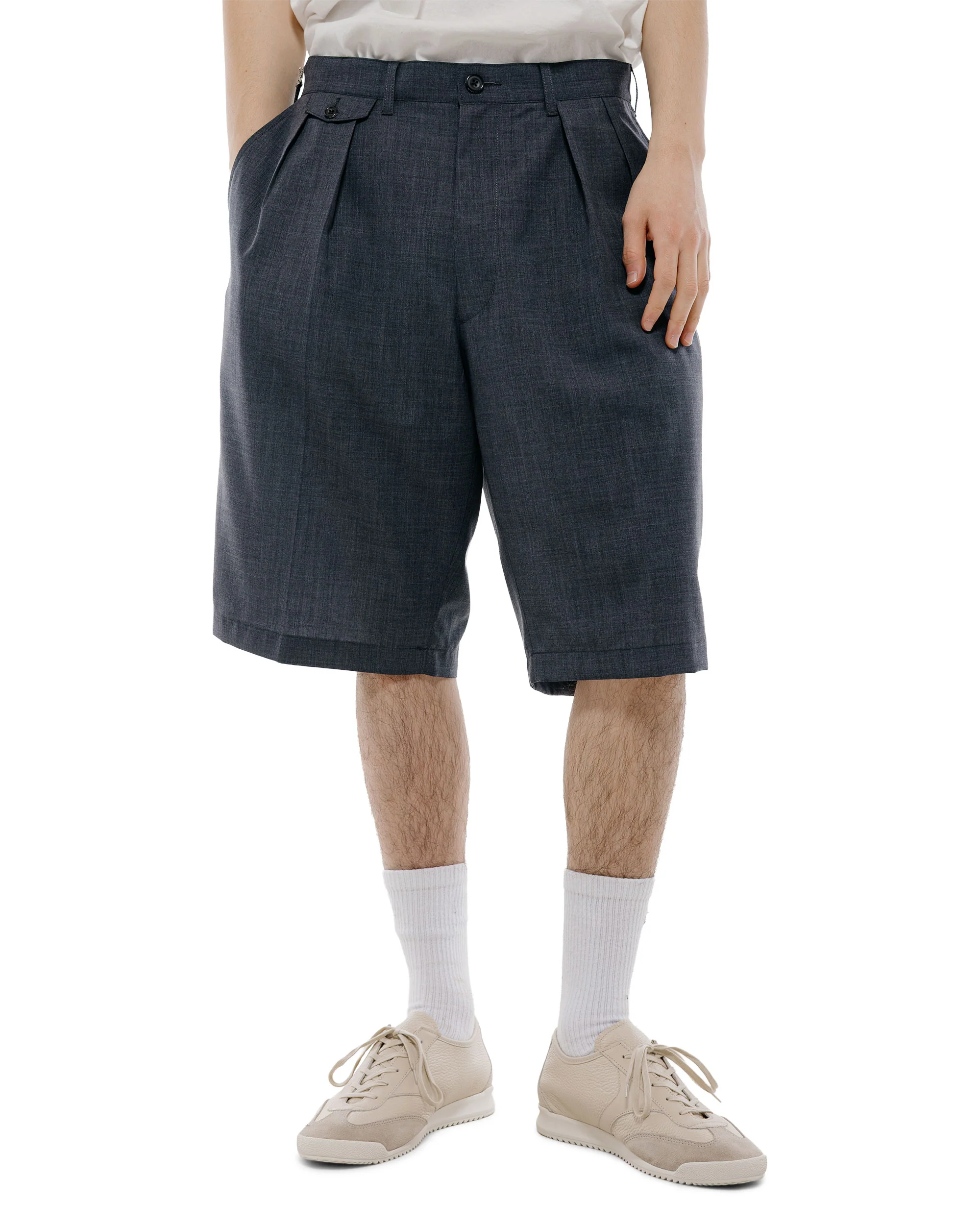 Beams Plus 2Pleats Shorts Wool Tropical Charcoal Grey - Image 2