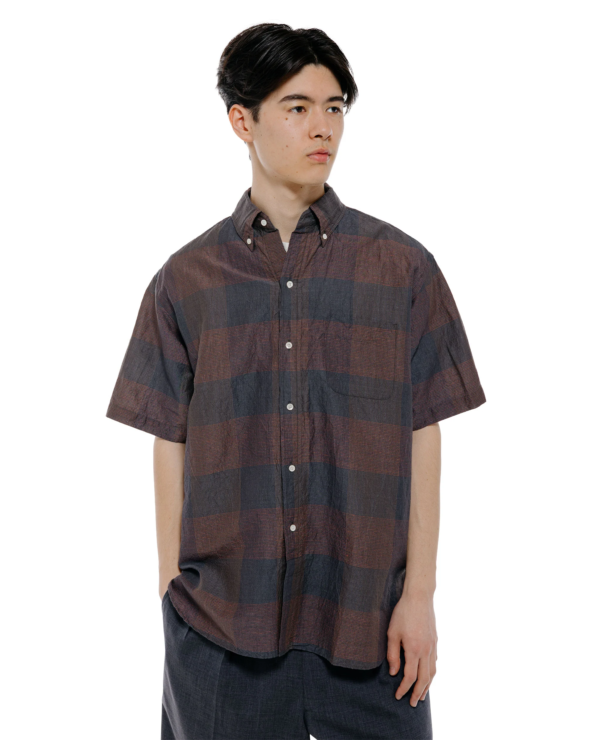 Beams Plus B.D. Classic Fit Cotton Linen Cord Check Navy/Pink - Image 2