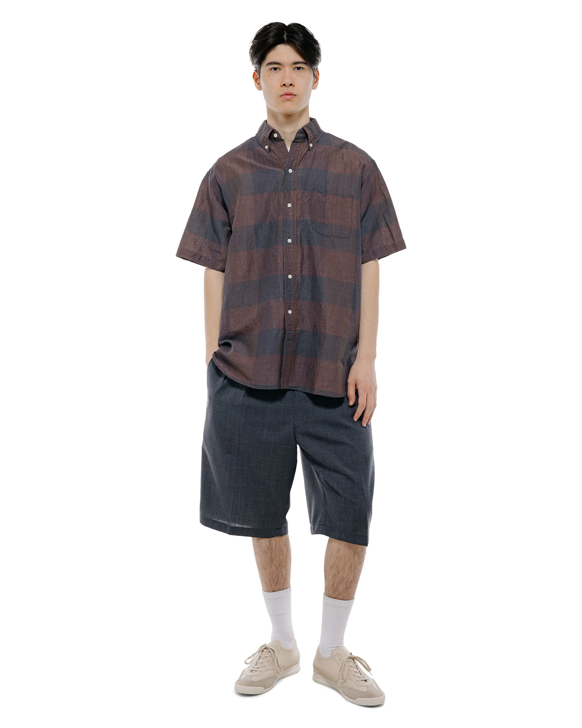 Beams Plus B.D. Classic Fit Cotton Linen Cord Check Navy/Pink - Image 5
