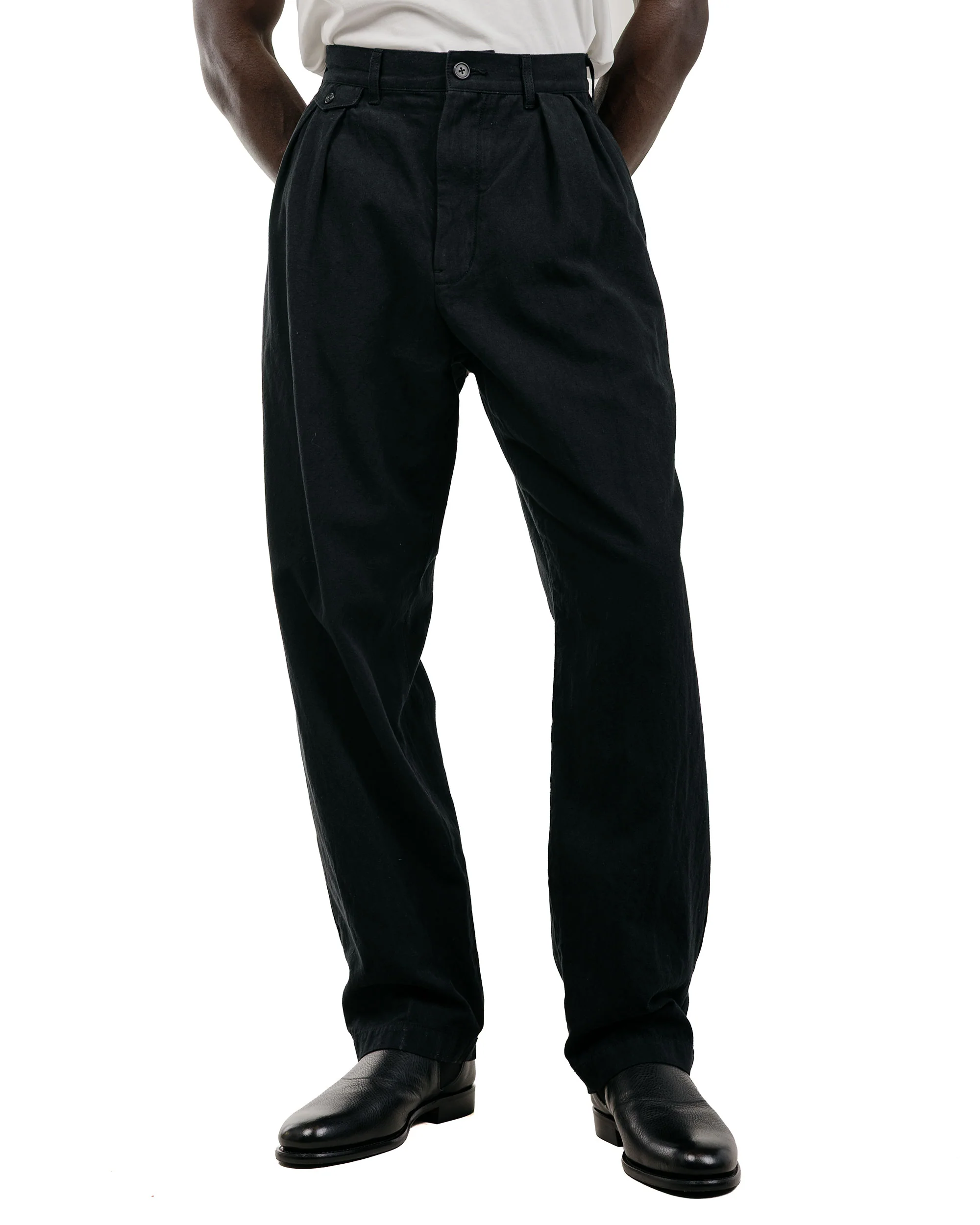 Beams Plus Lost & Found 2Pleats Trousers Cotton Linen Black - Image 2