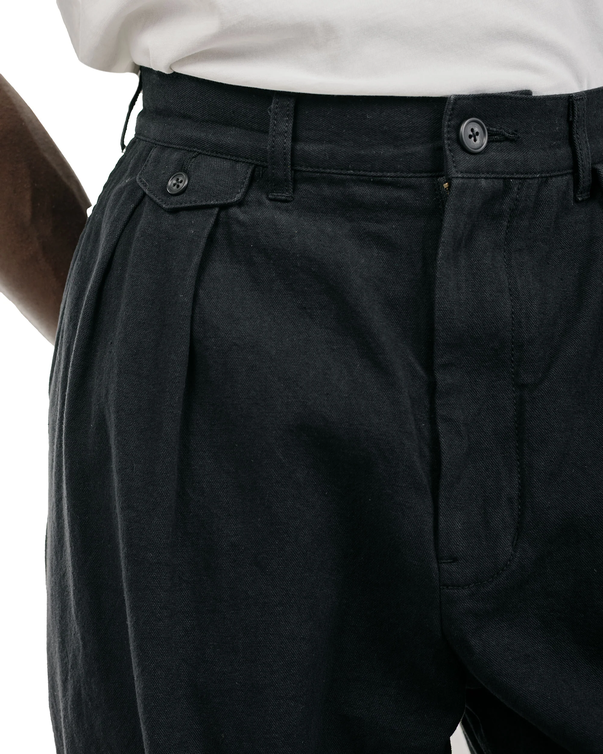 Beams Plus Lost & Found 2Pleats Trousers Cotton Linen Black - Image 3