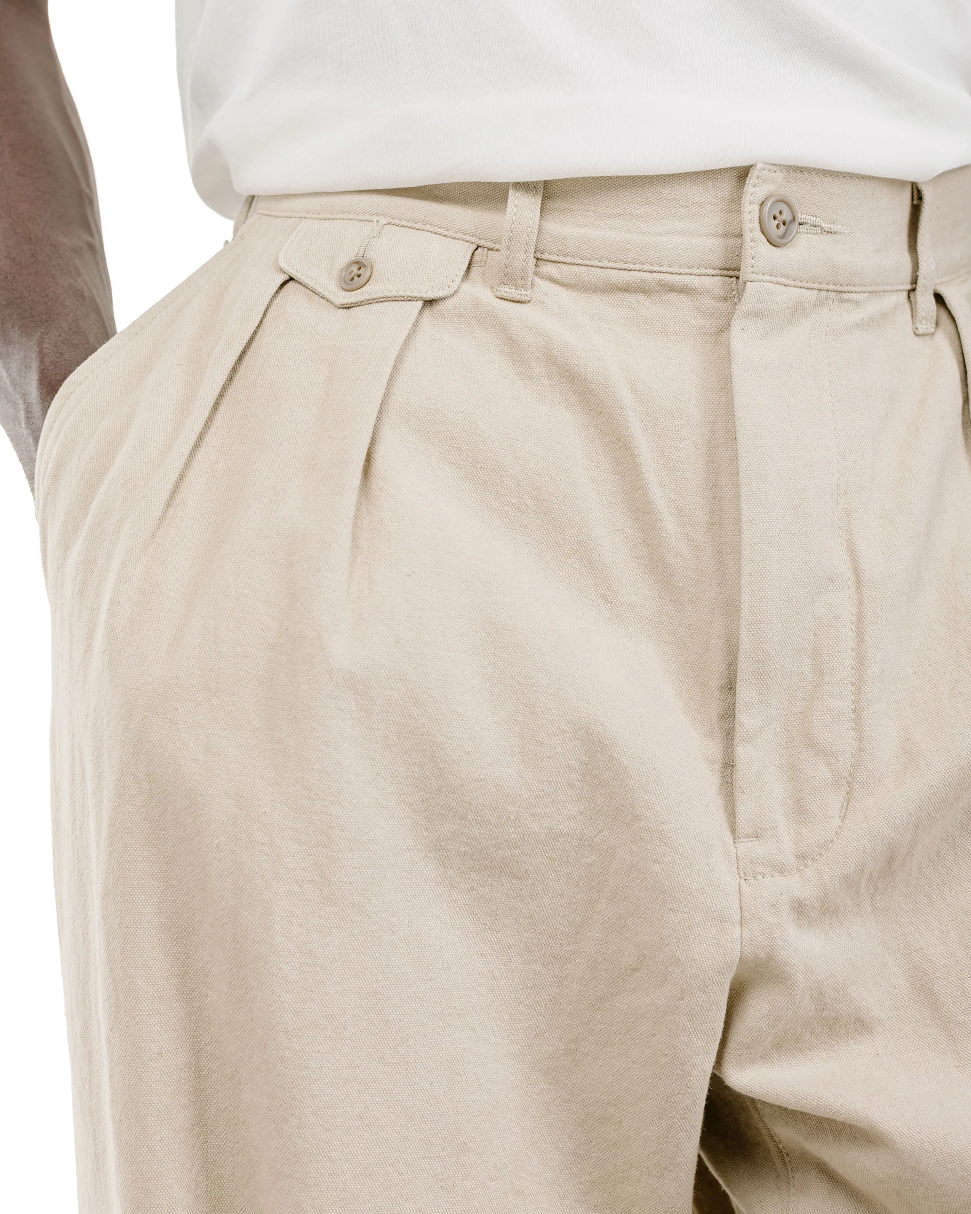 Beams Plus Lost & Found 2Pleats Trousers Cotton Linen Khaki - Image 3