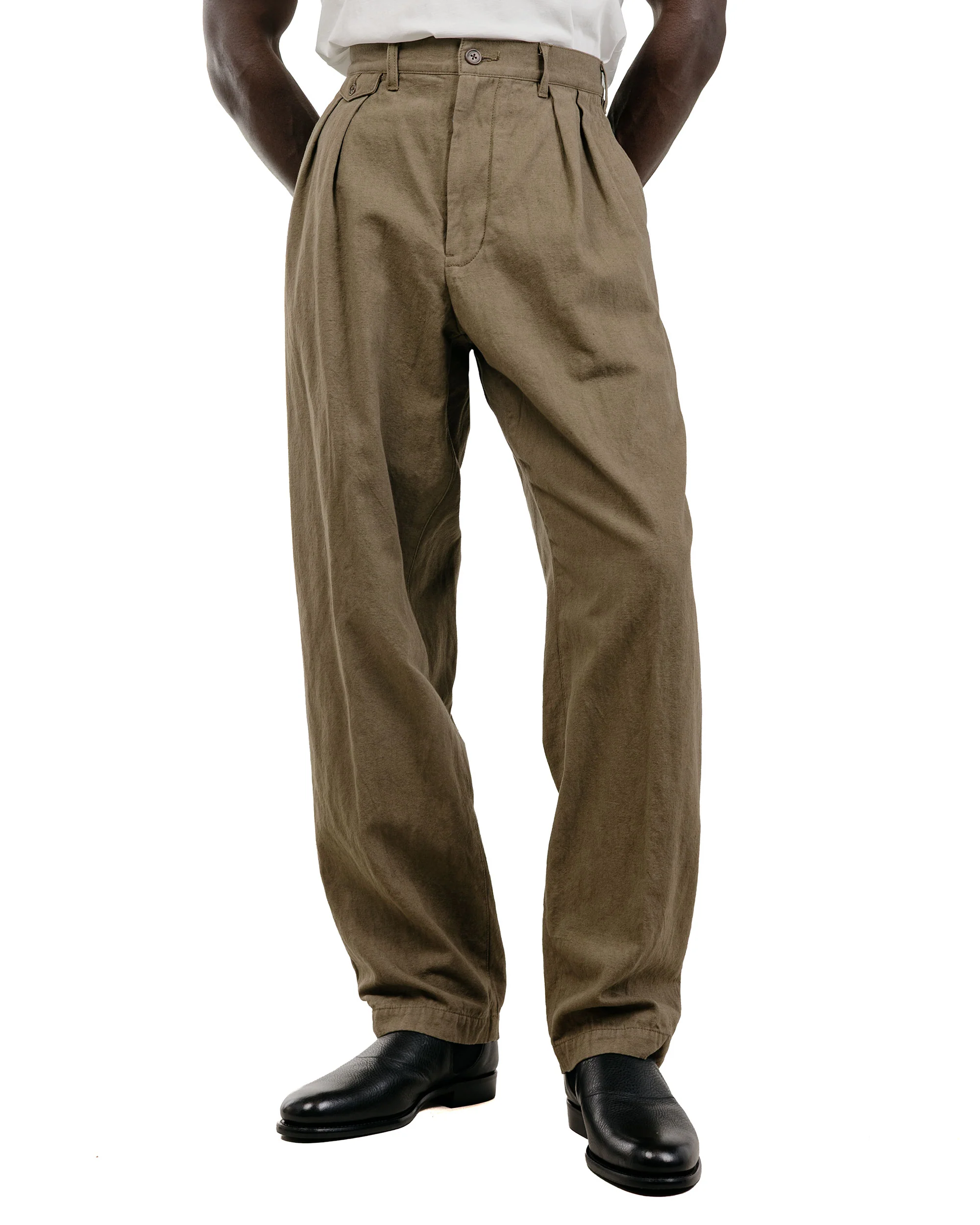 Beams Plus Lost & Found 2Pleats Trousers Cotton Linen Olive - Image 2