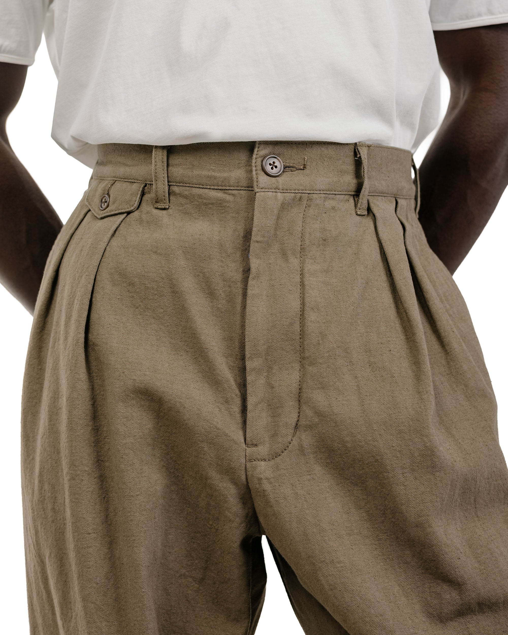 Beams Plus Lost & Found 2Pleats Trousers Cotton Linen Olive - Image 3