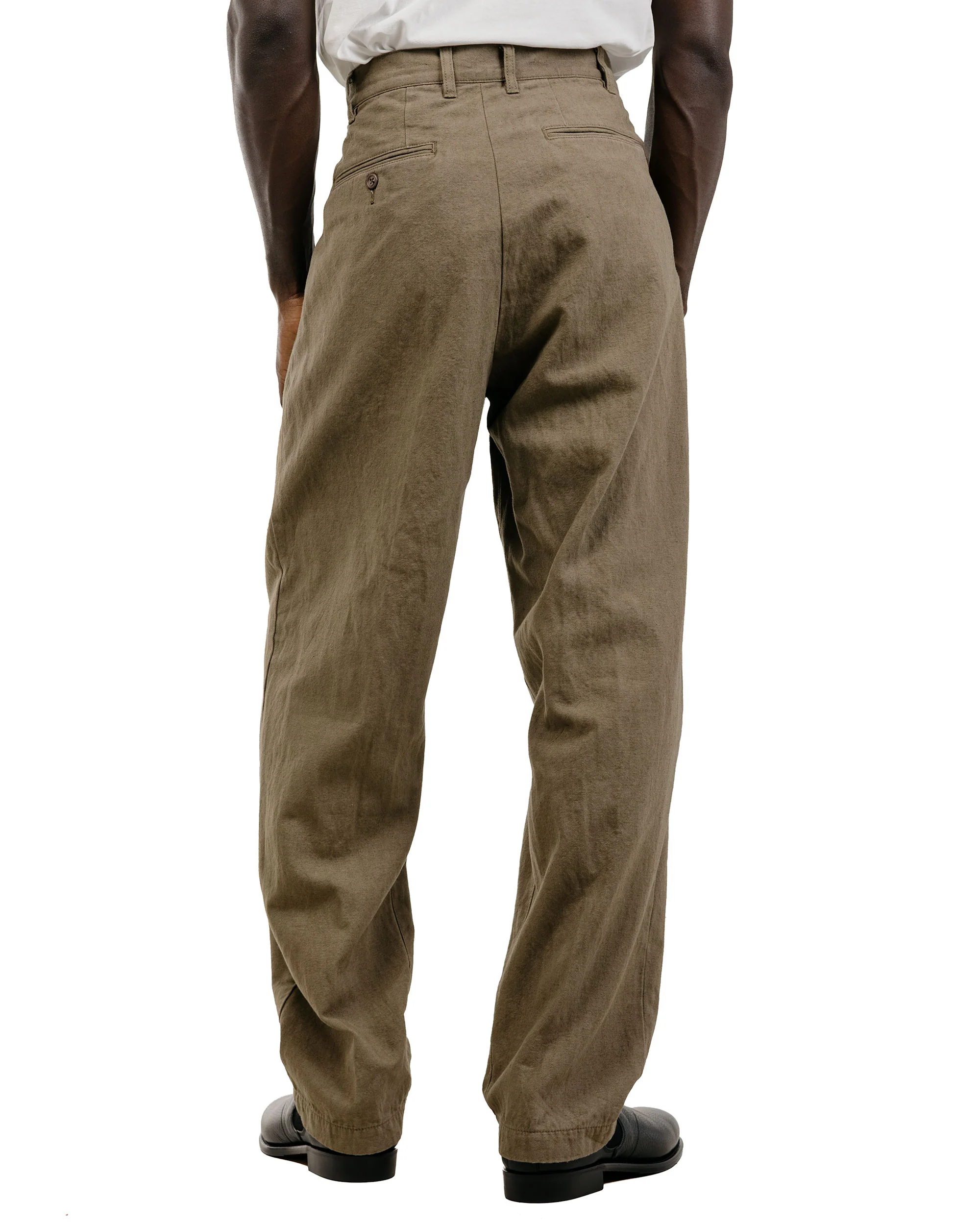 Beams Plus Lost & Found 2Pleats Trousers Cotton Linen Olive - Image 4