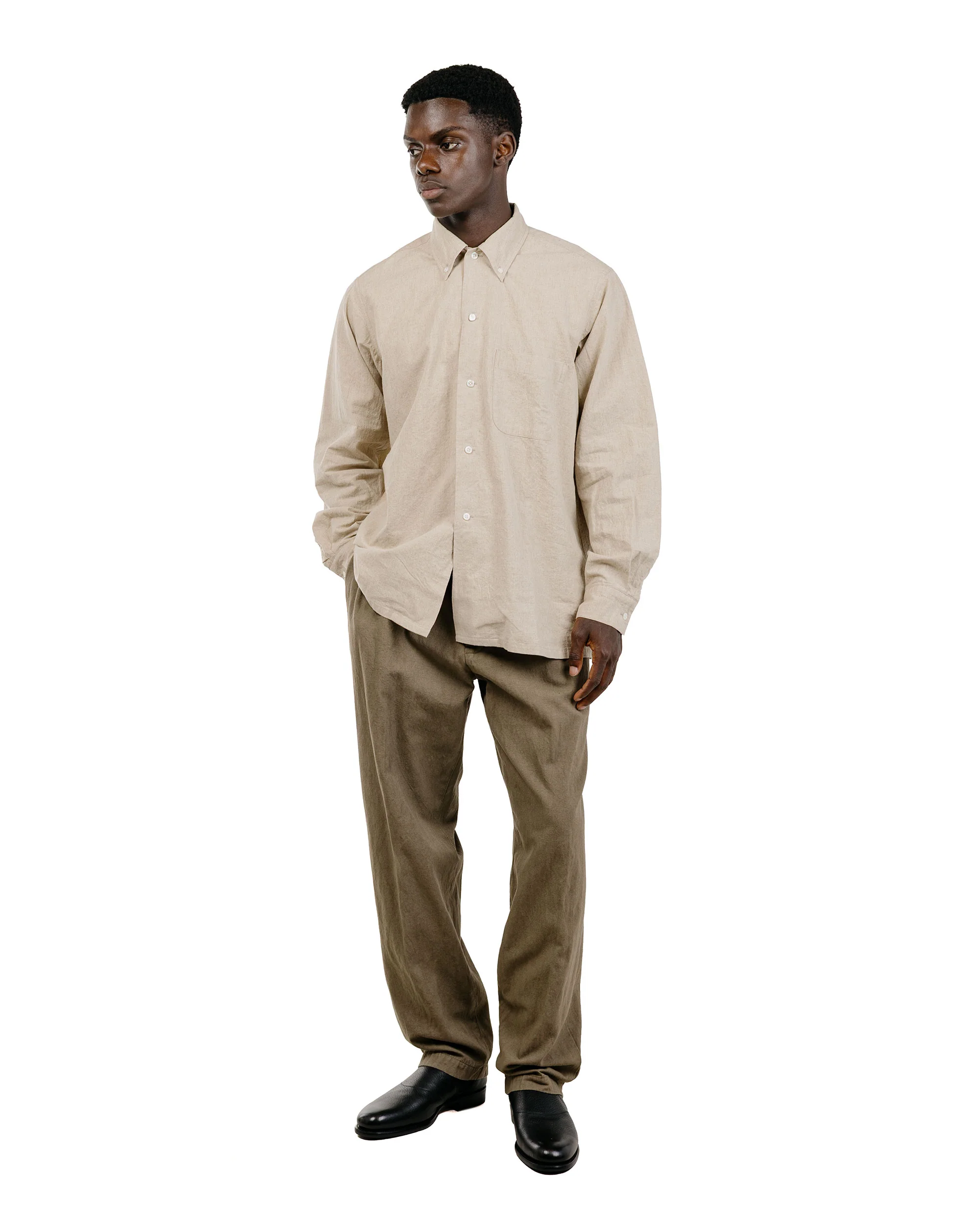 Beams Plus Lost & Found 2Pleats Trousers Cotton Linen Olive - Image 5