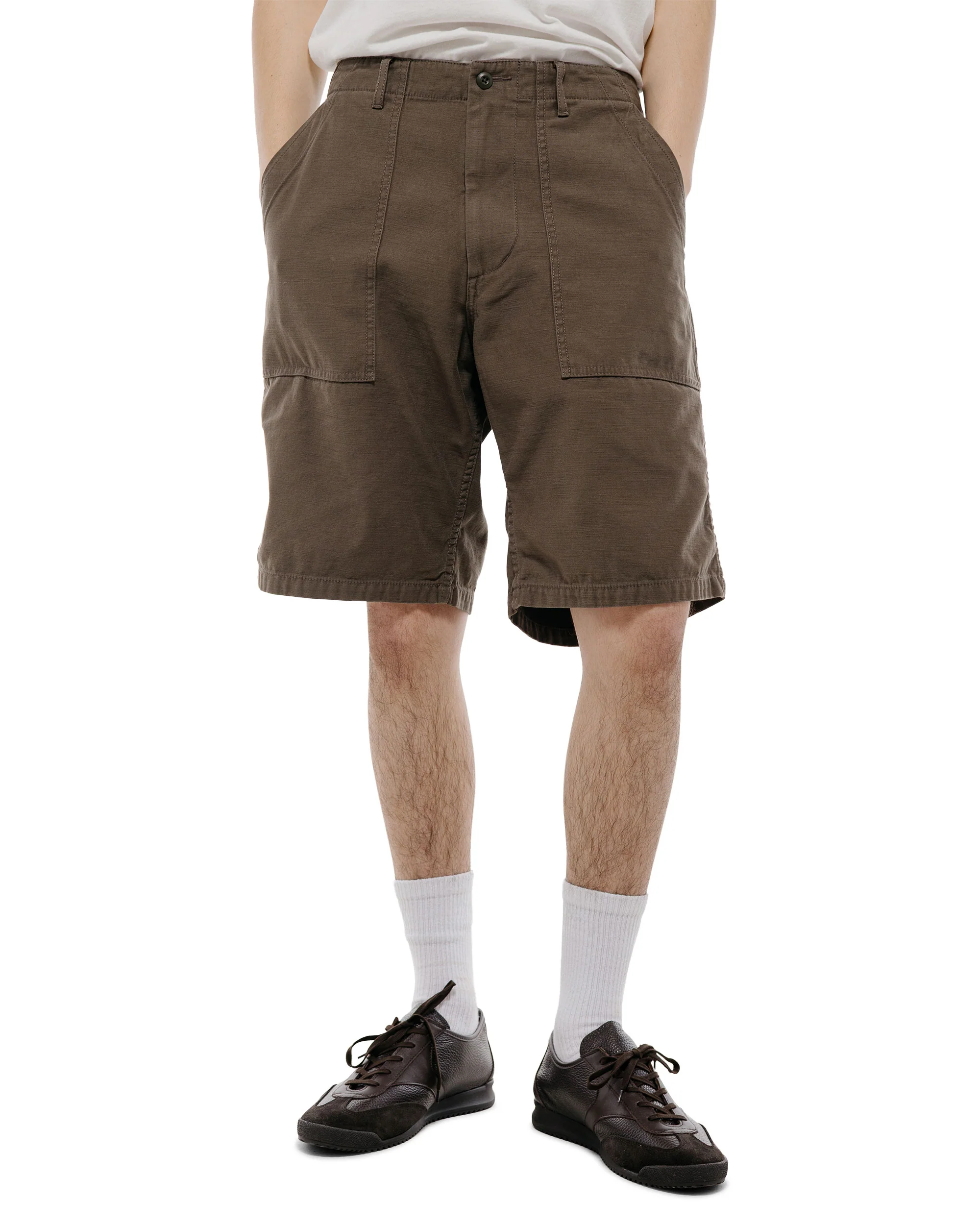 Beams Plus MIL Utility Shorts Reversed Sateen Olive Brown - Image 2