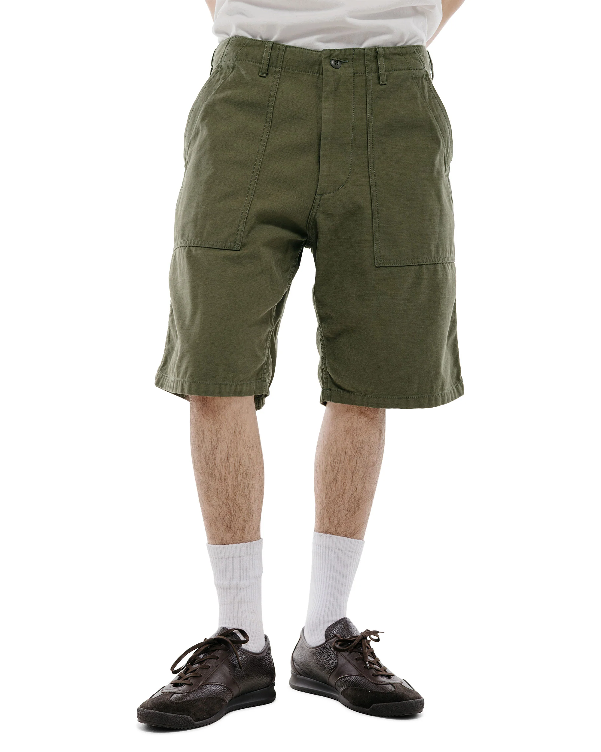 Beams Plus MIL Utility Shorts Reversed Sateen Olive Green - Image 2