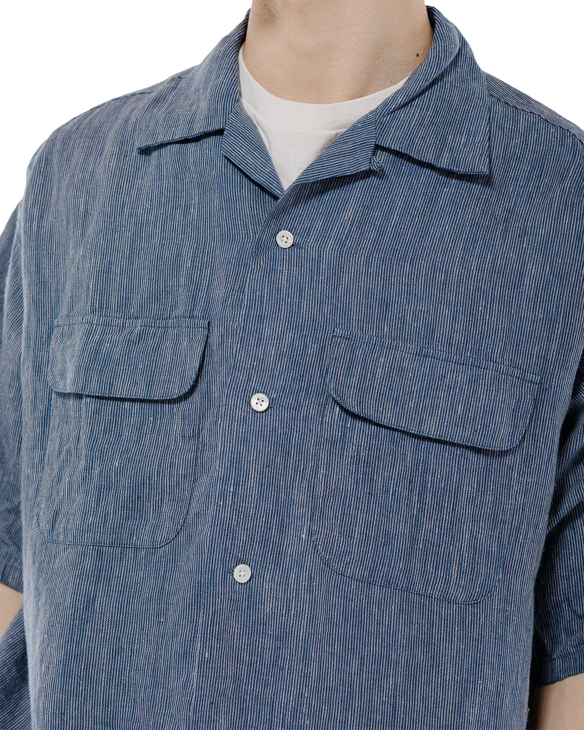 Beams Plus Open Collar Indigo Linen Stripe - Image 3