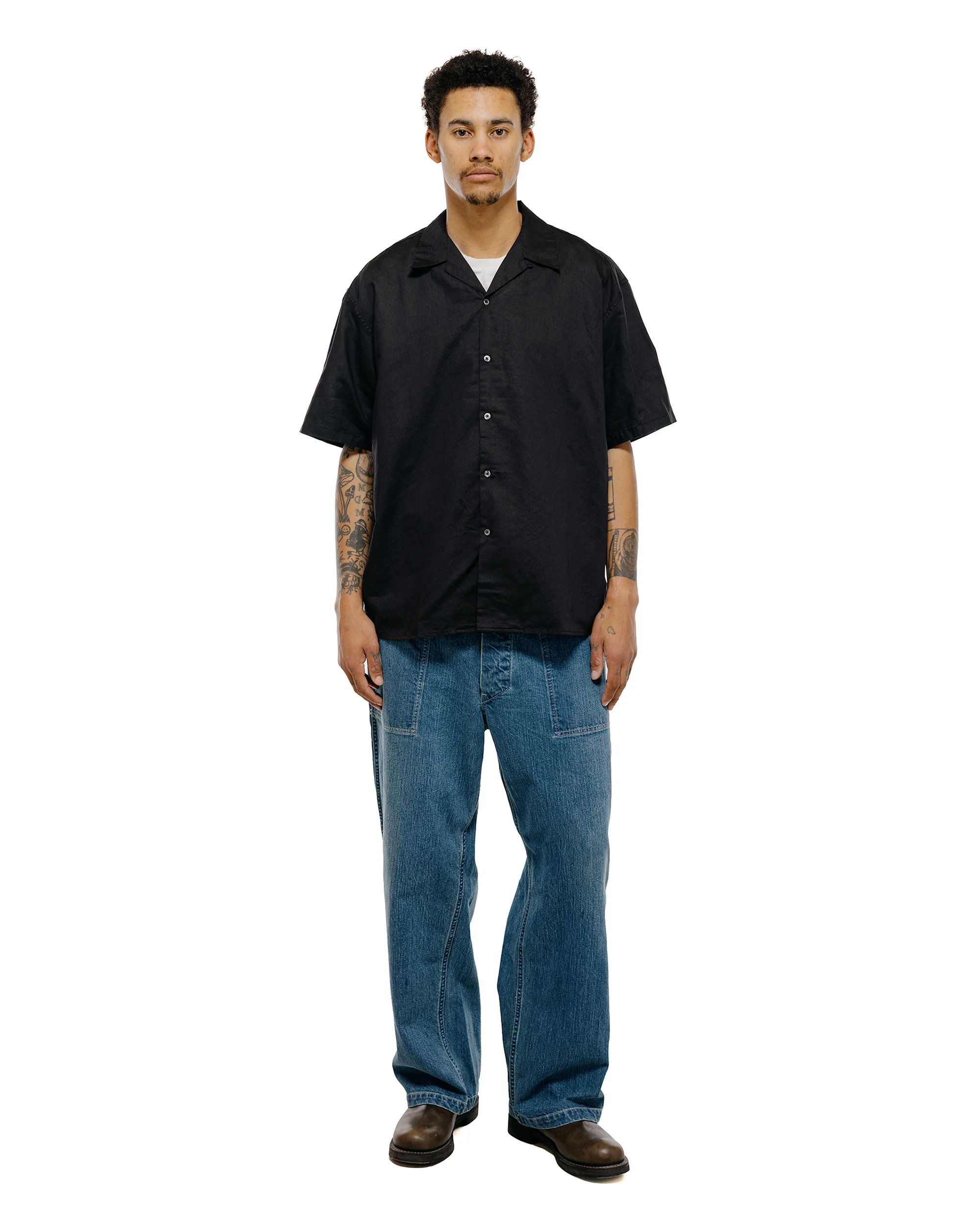 CIOTA Open Collar Short Sleeve Shirt Cotton/Linen Black - Image 5
