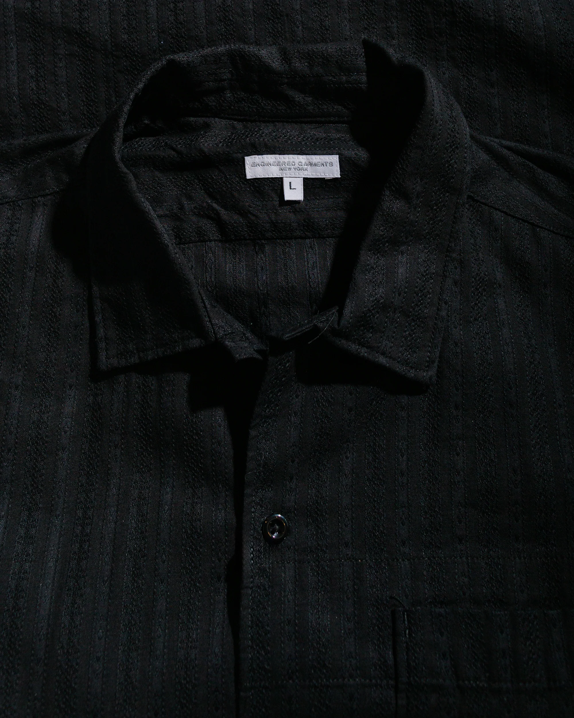 Engineered Garments Camp Shirt Black Cotton Lace Stripe Jacquard - Image 5