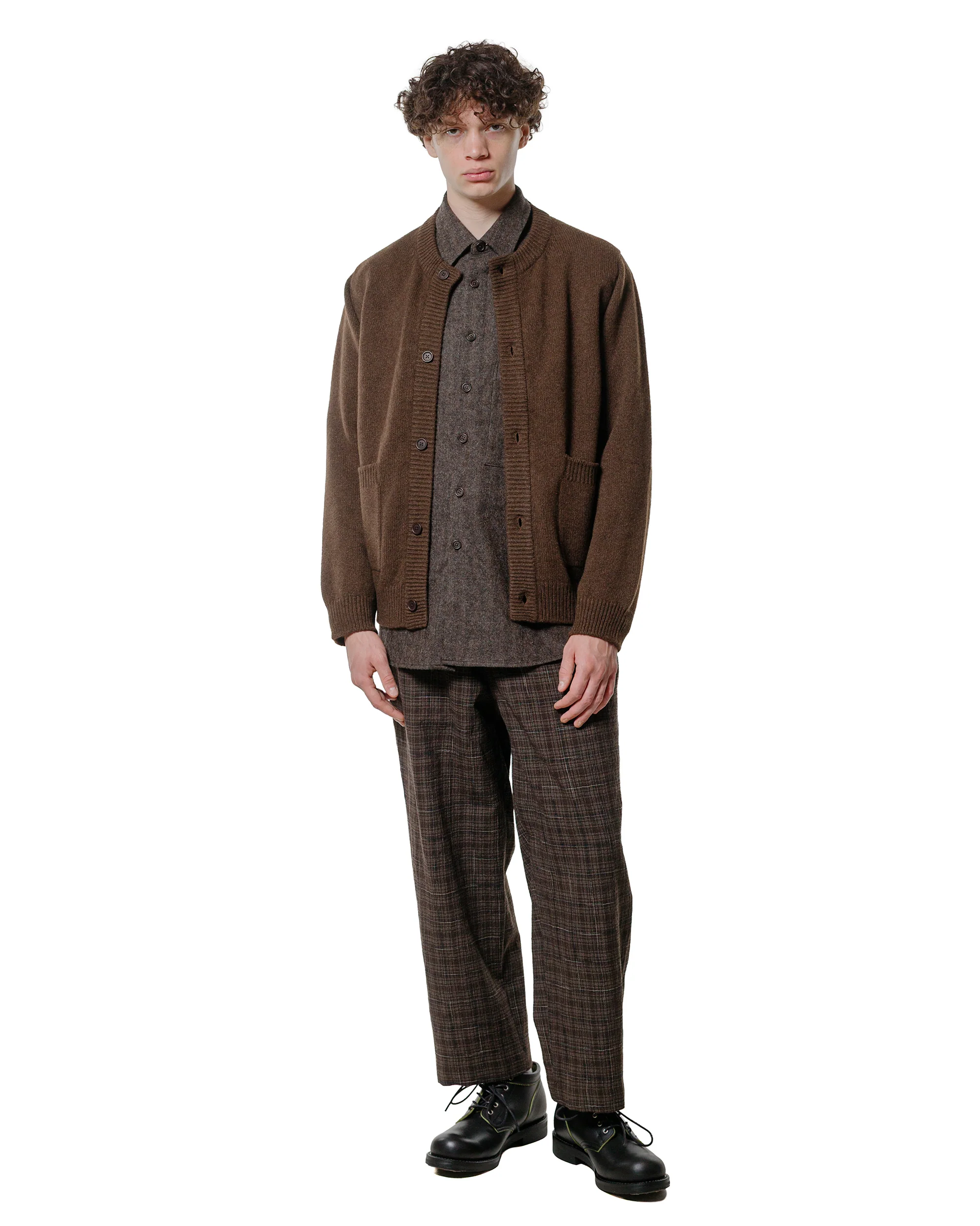 evan kinori Elastic Pant Kasuri Wool Check Brown/Beige/Navy - Image 4