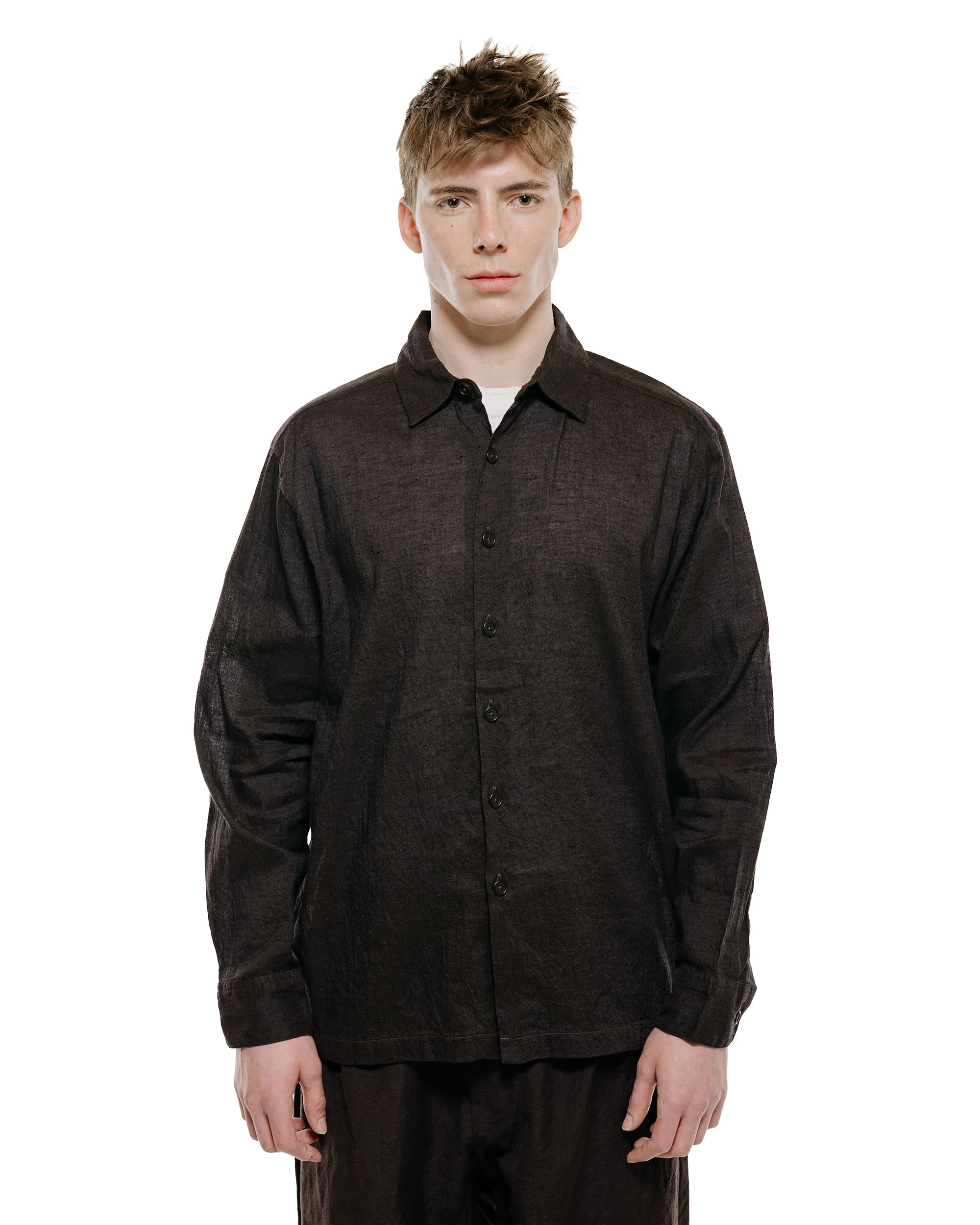 evan kinori Flat Hem Shirt Linen/Cotton Summercloth Brown/Navy - Image 2
