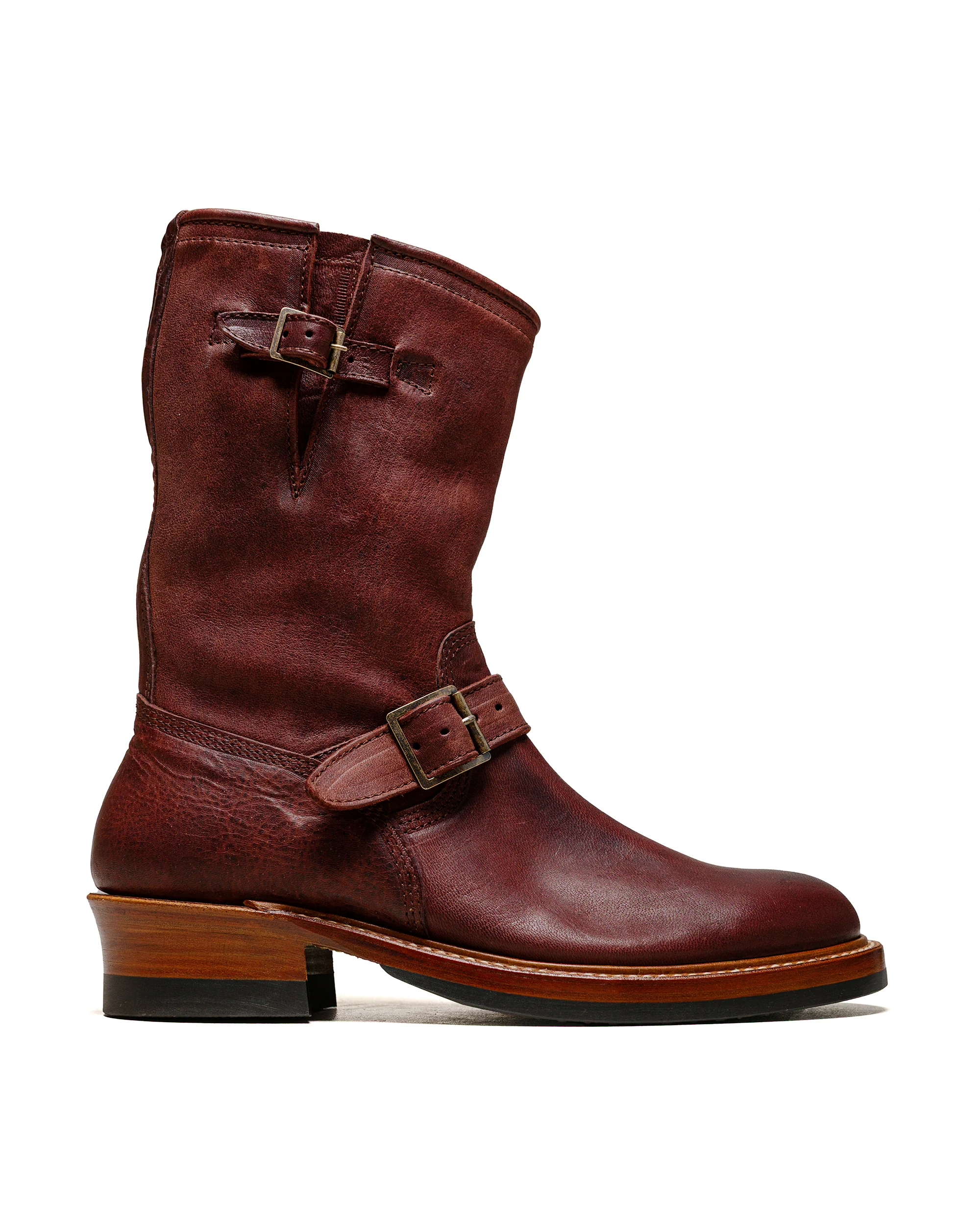 John Lofgren Bootmaker Wabash Engineer Boots Ezo Shika Deerskin Burnt Burgundy