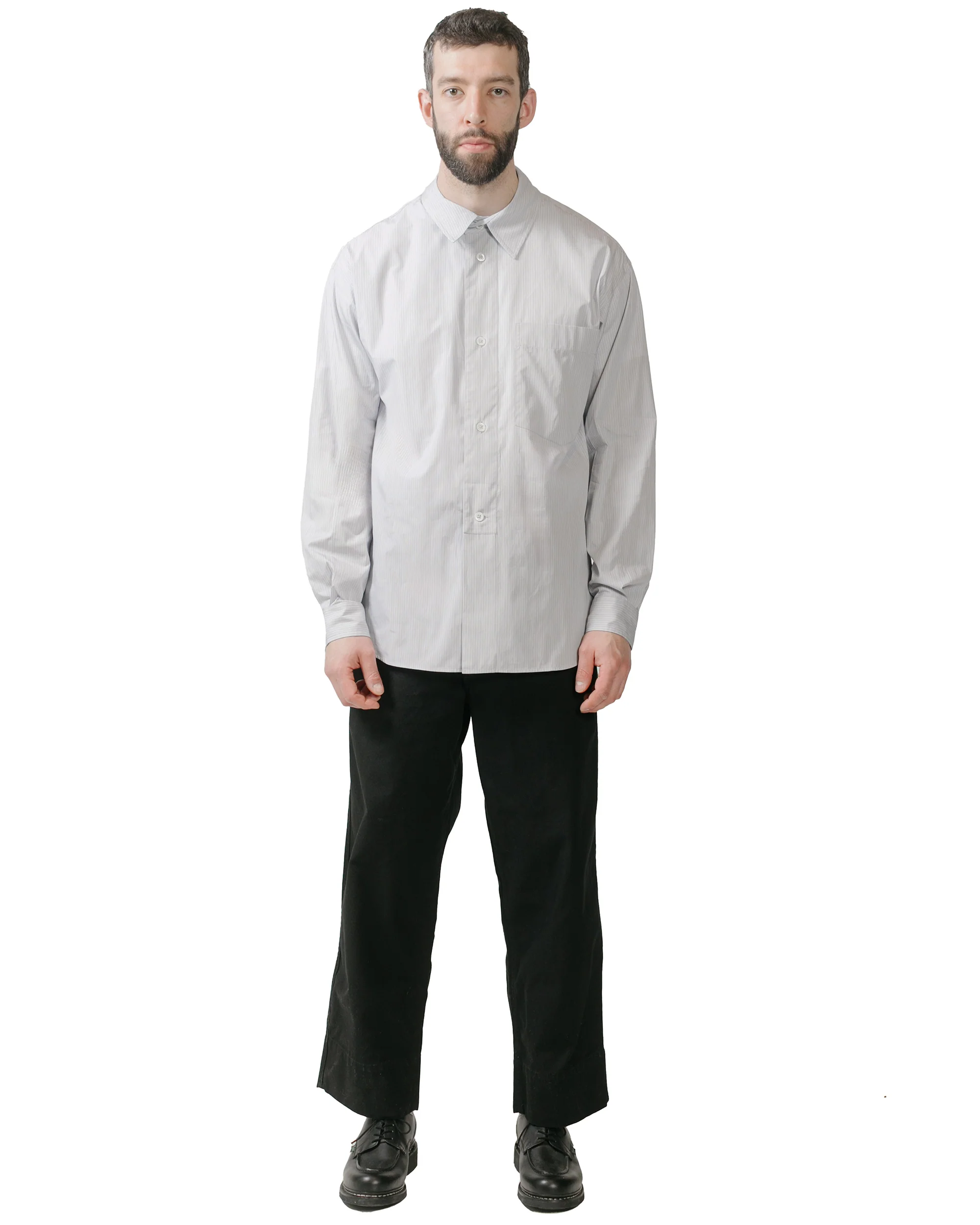 Margaret Howell Half Placket Shirt Fine Stripe Cotton Poplin Grey/White - Image 4