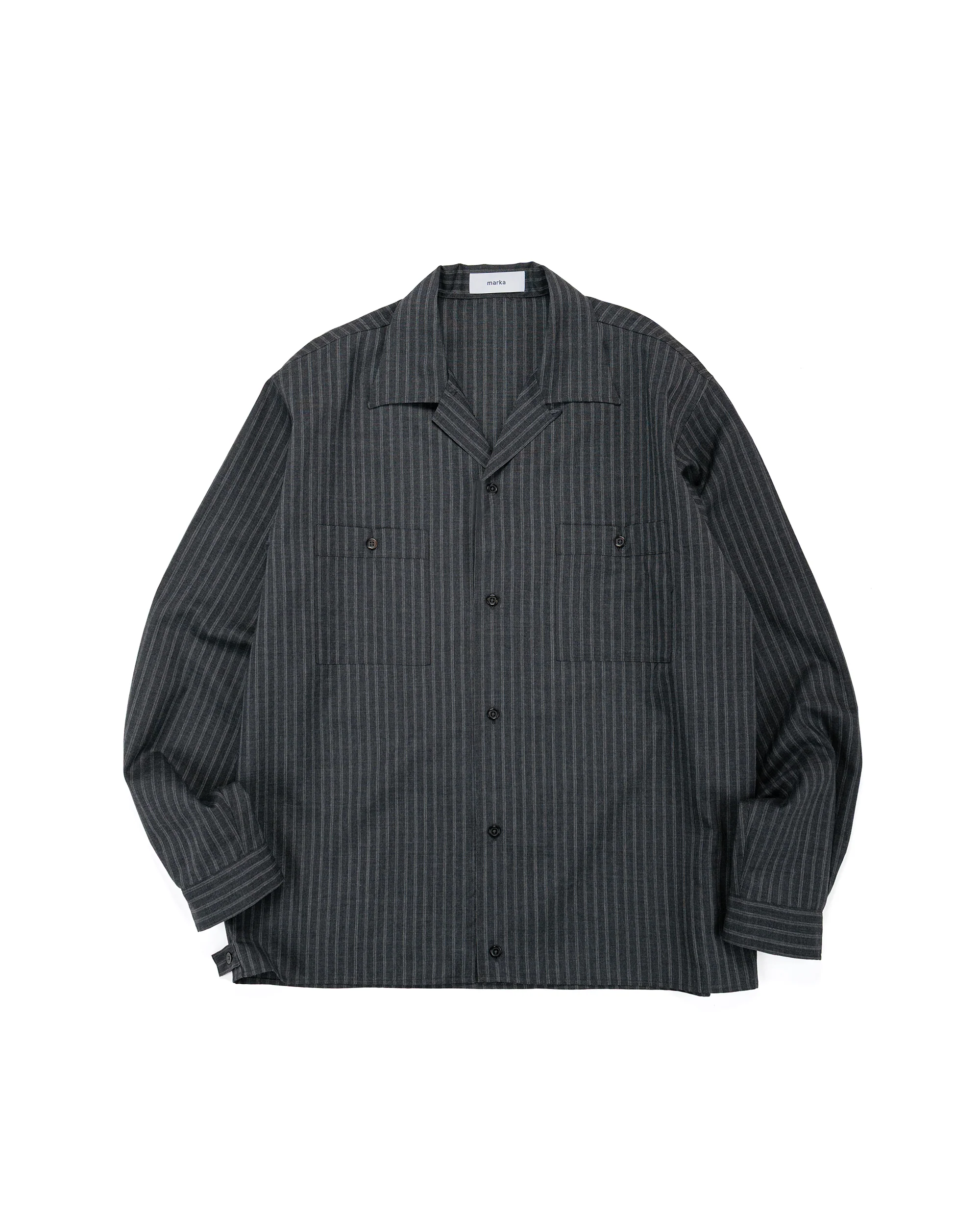 marka Double Pocket Open Collar Shirt 2/72 Wool Tropical Washer Gray Stripe