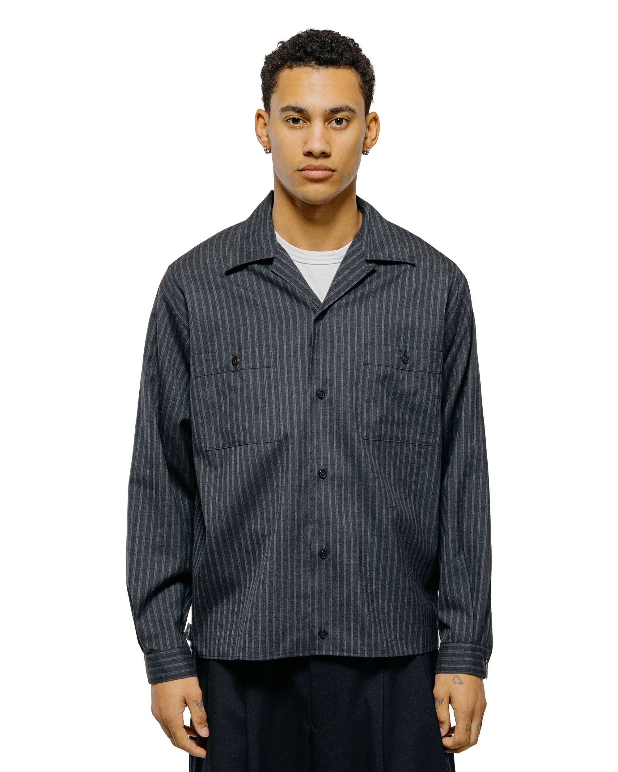 marka Double Pocket Open Collar Shirt 2/72 Wool Tropical Washer Gray Stripe - Image 2