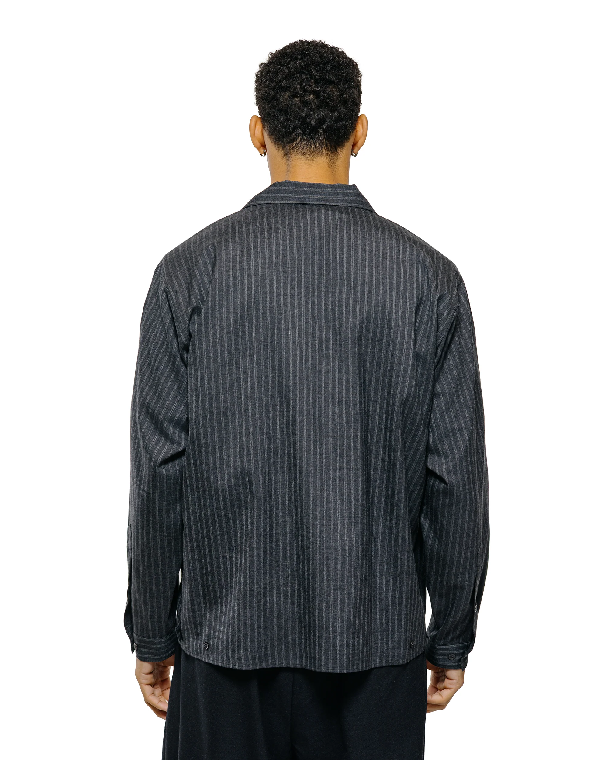 marka Double Pocket Open Collar Shirt 2/72 Wool Tropical Washer Gray Stripe - Image 3