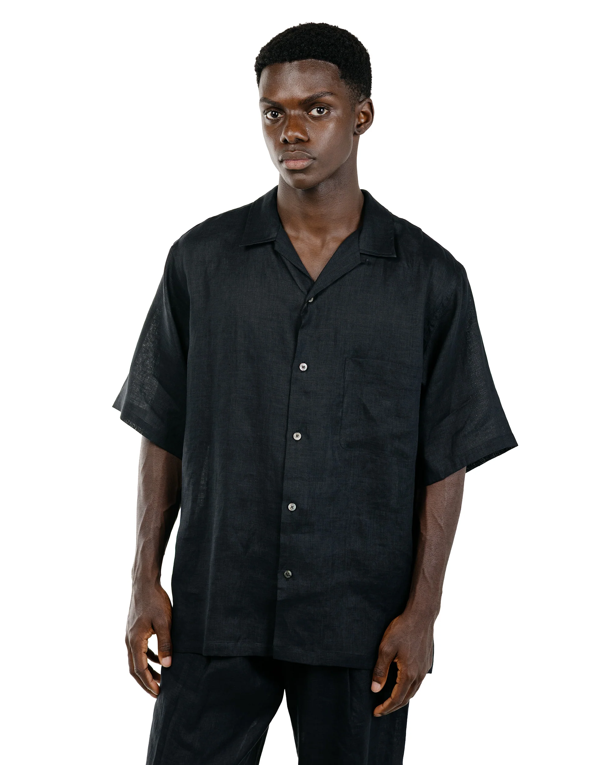 MARKAWARE New Open Collar S/S Shirt Hemp Shirting Black - Image 2