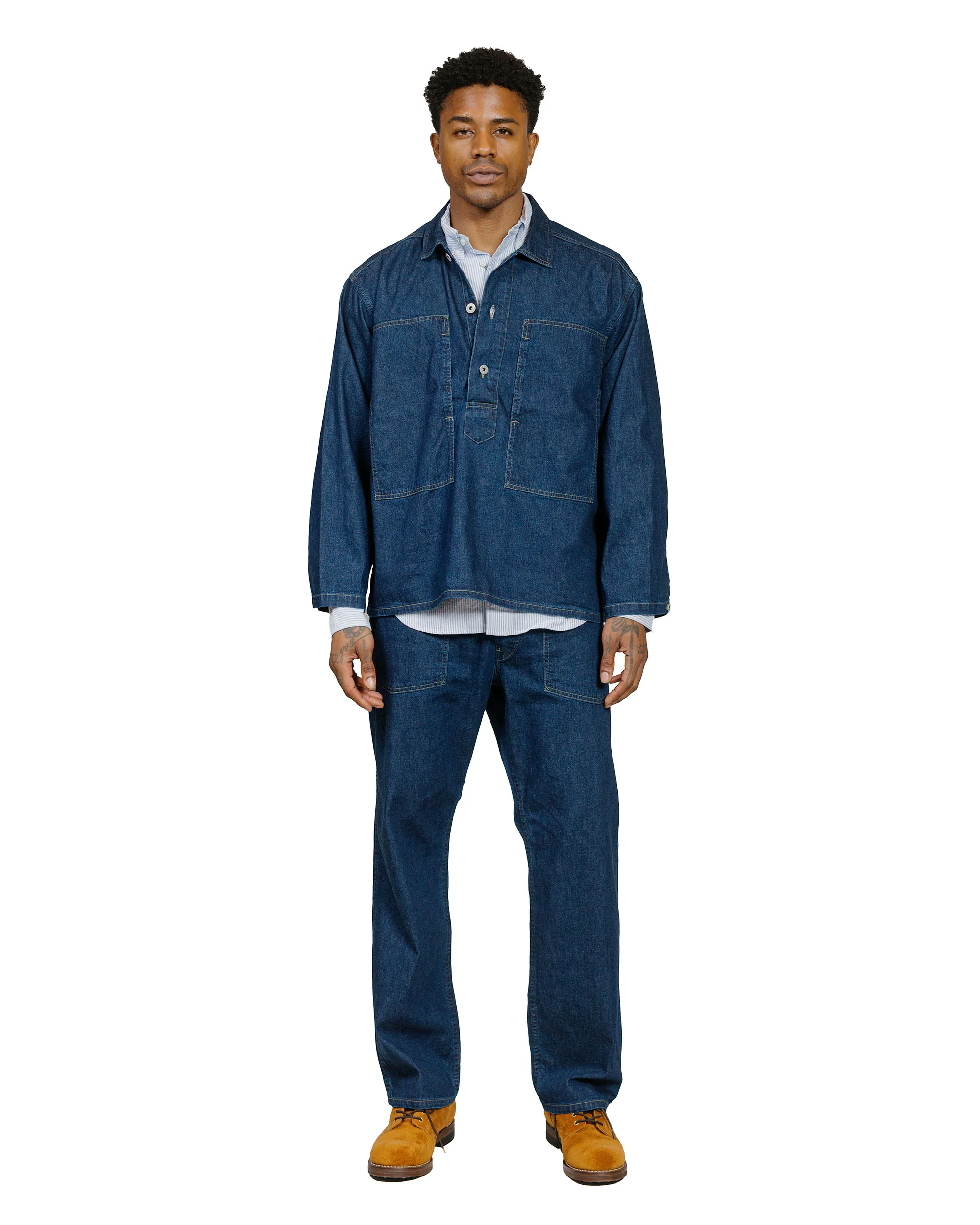 Post O'Alls ARMY Shirt Blue Denim w/OD Yellow Stitch Indigo - Image 4