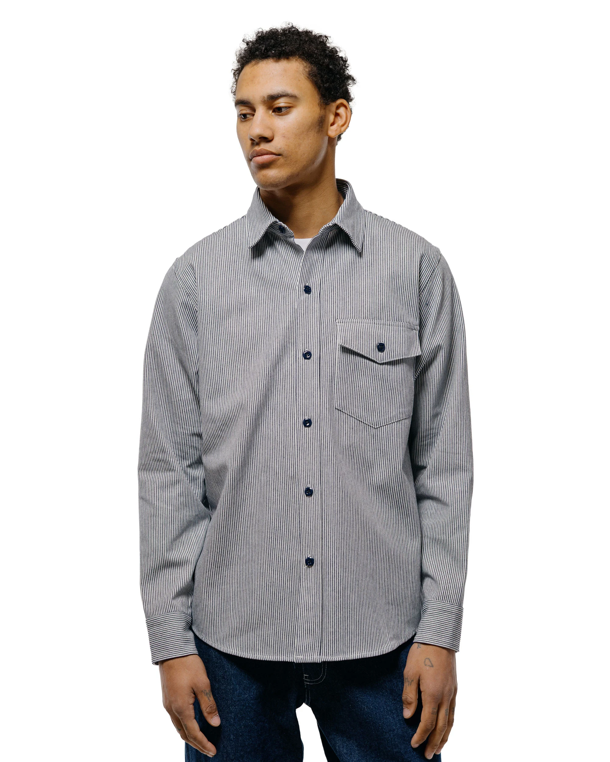 Randy's Garments 1-Pocket Work Shirt 8oz Narrow Stripe Cotton Denim White/Indigo - Image 2