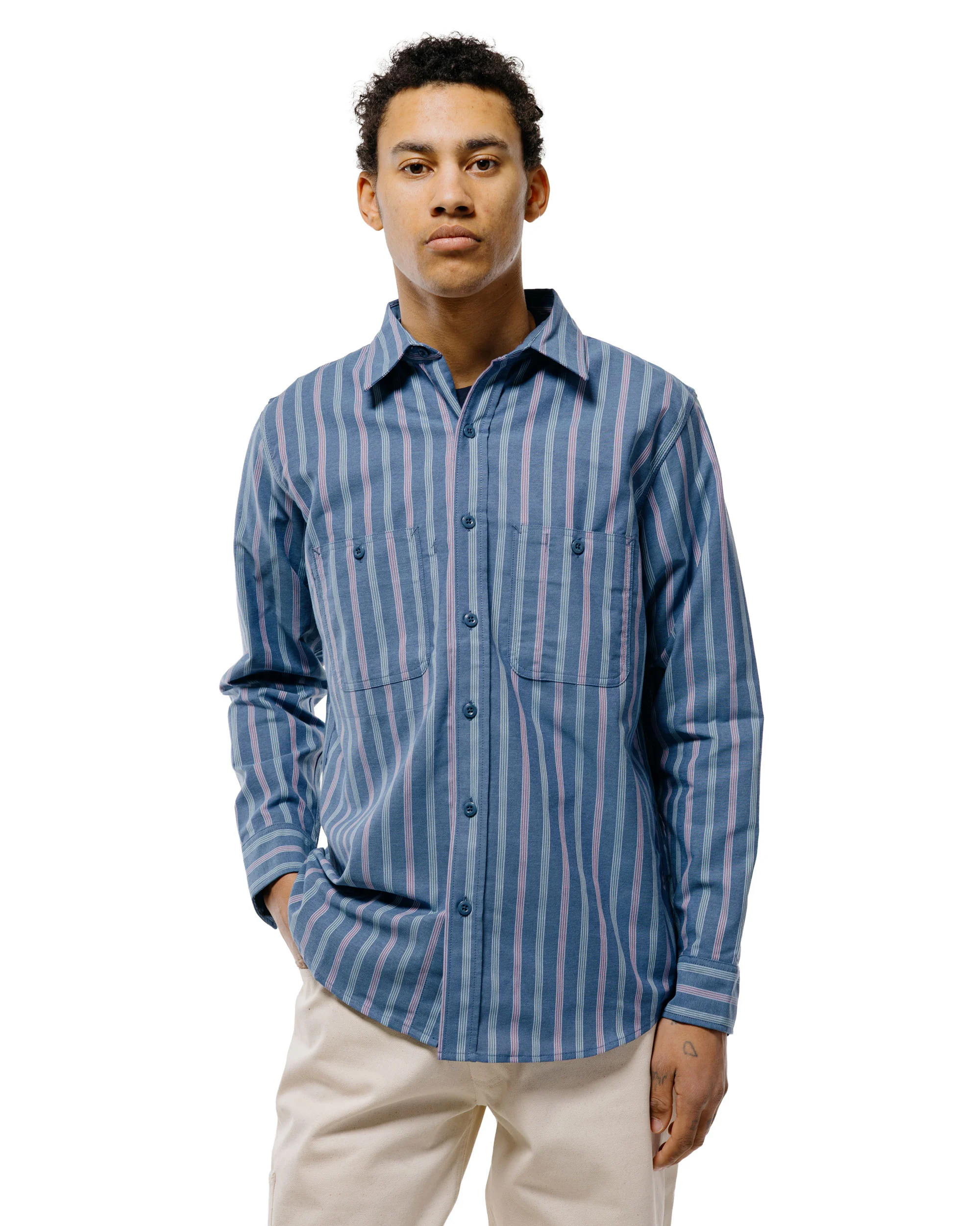 Randy's Garments 3-Pocket Work Shirt Cotton Stripe Jacquard Oxford Cloth Blue - Image 2