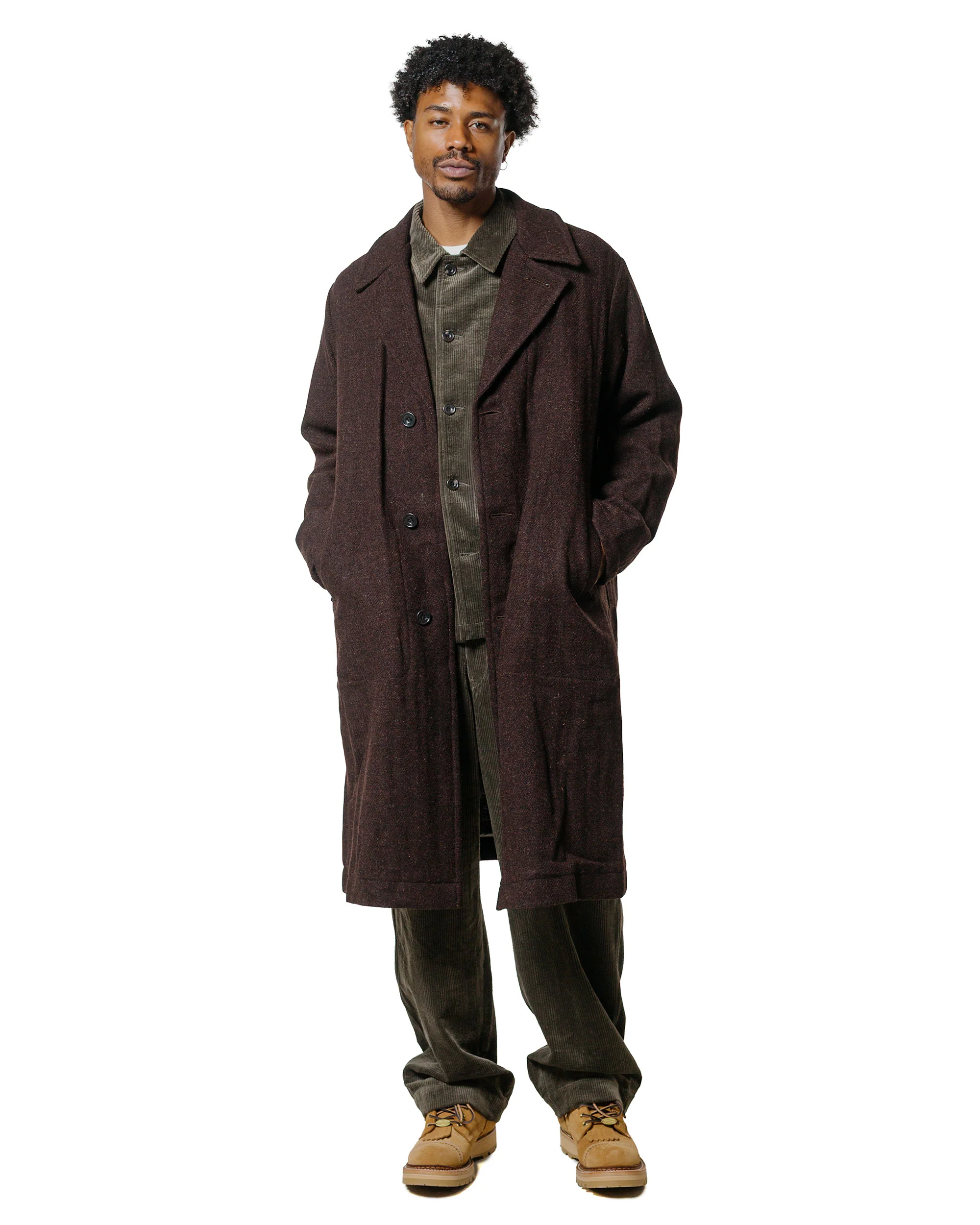 Sage de Cret Harris Tweed Ulster Collar Long Coat Dark Brown - Image 2