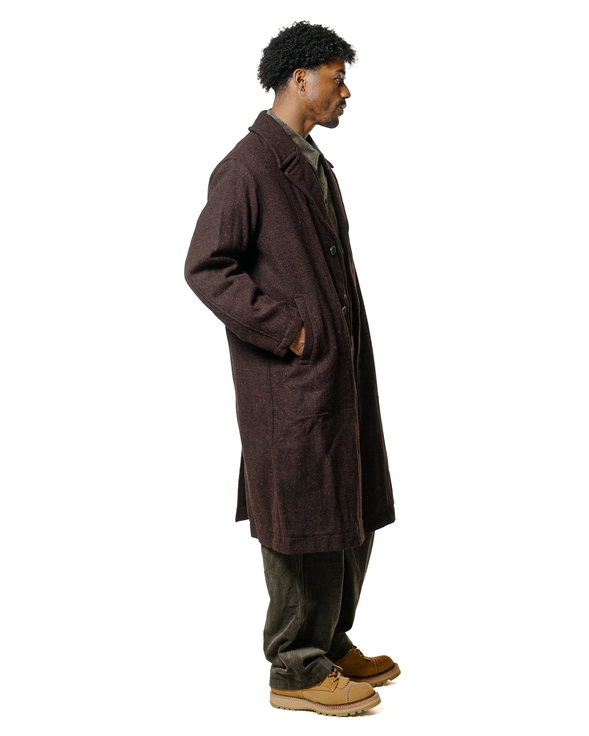 Sage de Cret Harris Tweed Ulster Collar Long Coat Dark Brown - Image 3