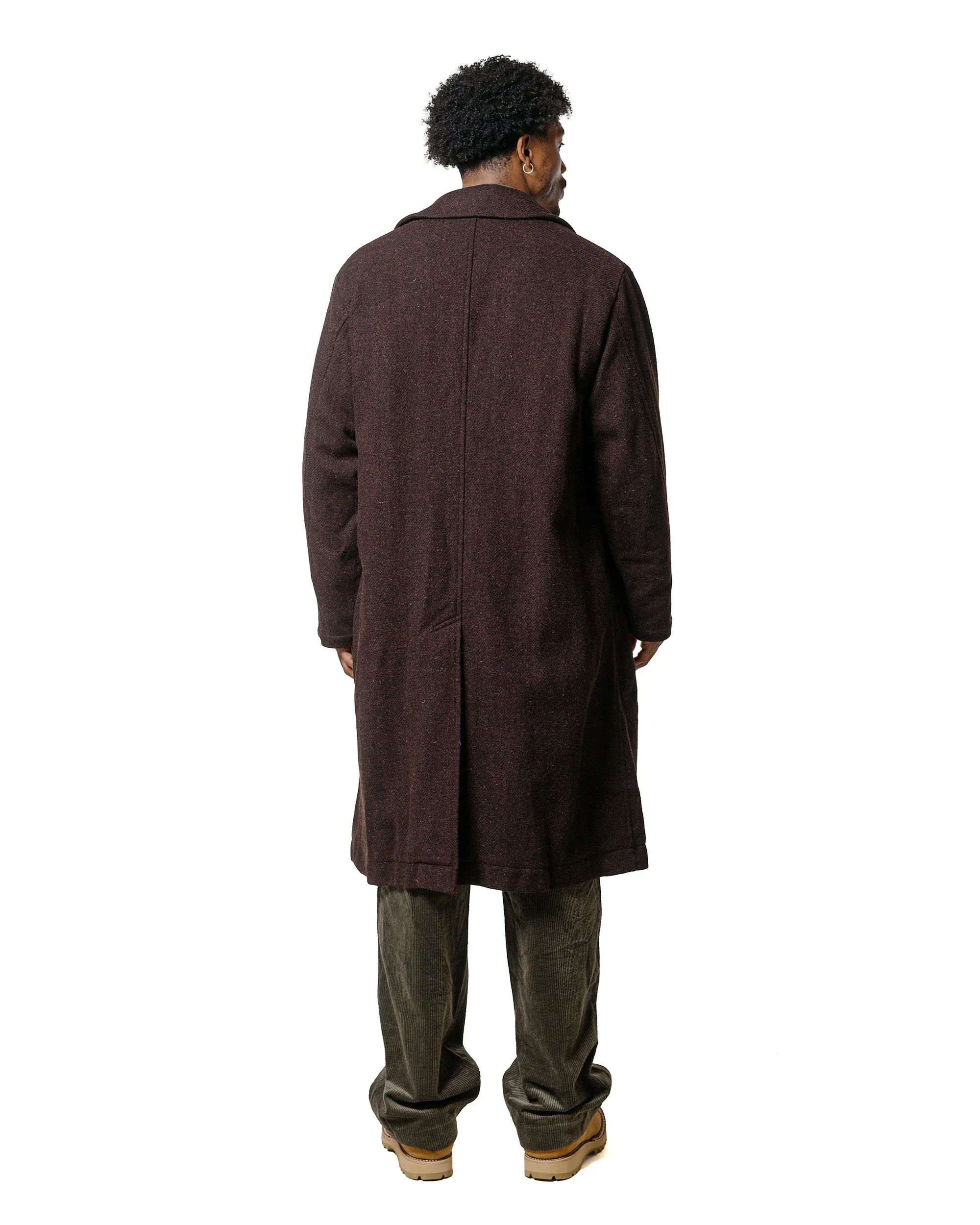 Sage de Cret Harris Tweed Ulster Collar Long Coat Dark Brown - Image 4