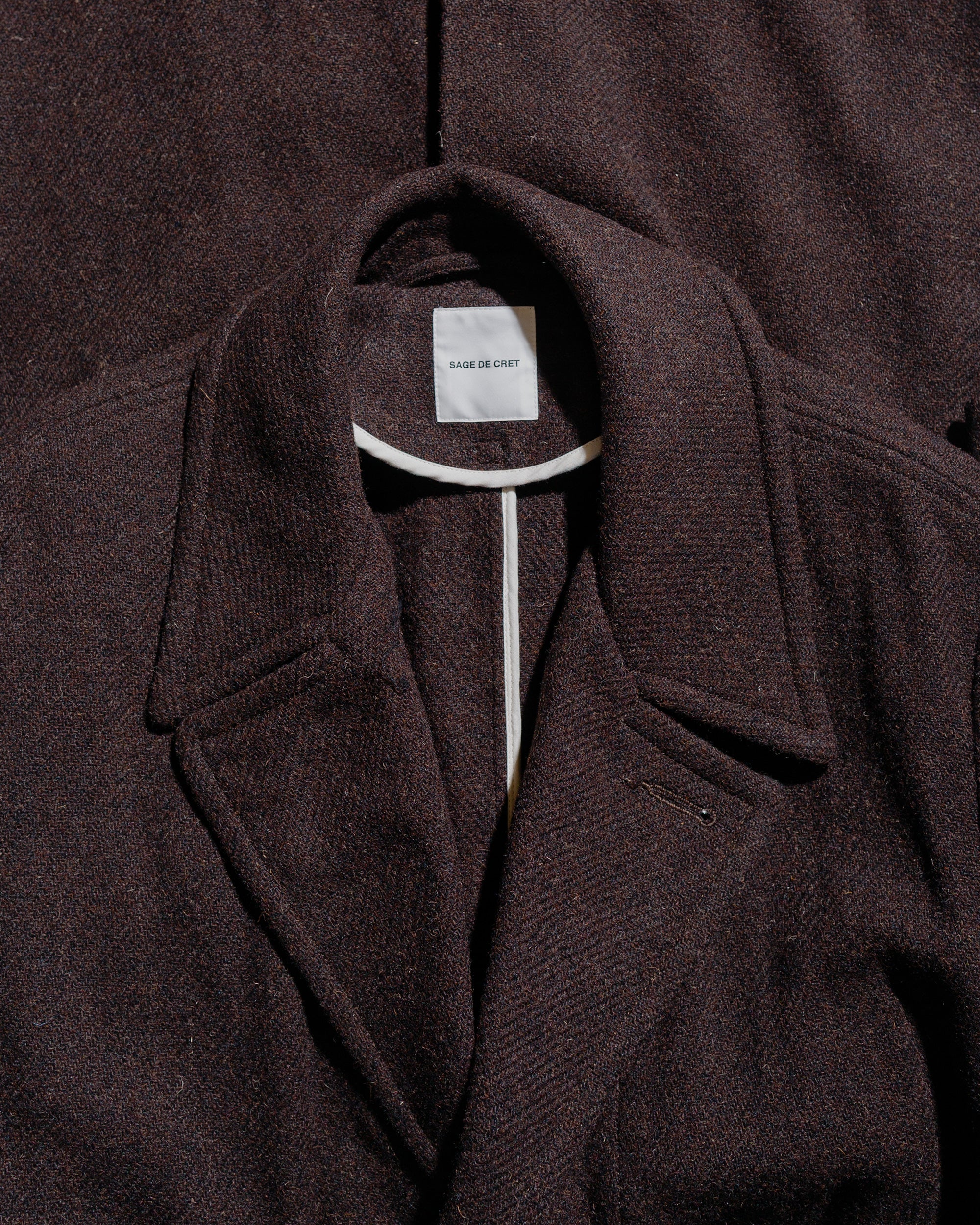 Sage de Cret Harris Tweed Ulster Collar Long Coat Dark Brown - Image 5