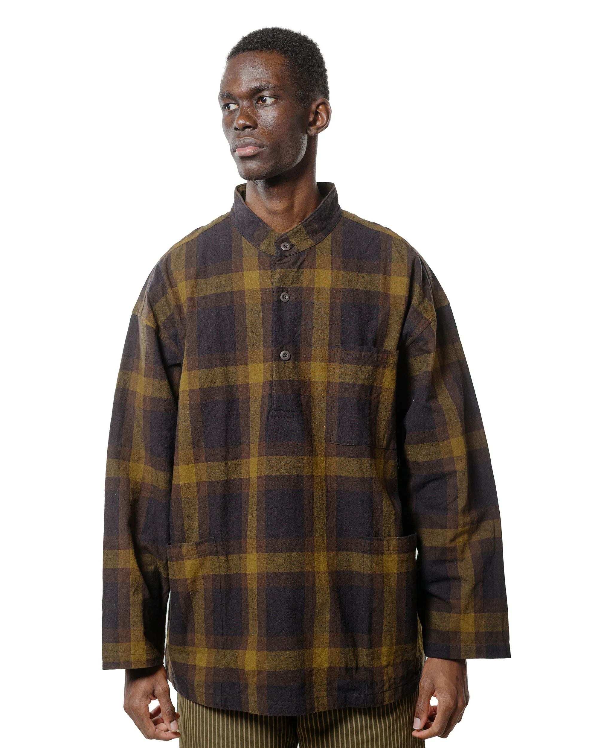 ts(s) Pullover Work Shirt Jacket Dark Tone Plaid Slub Cotton Cloth Olive - Image 2