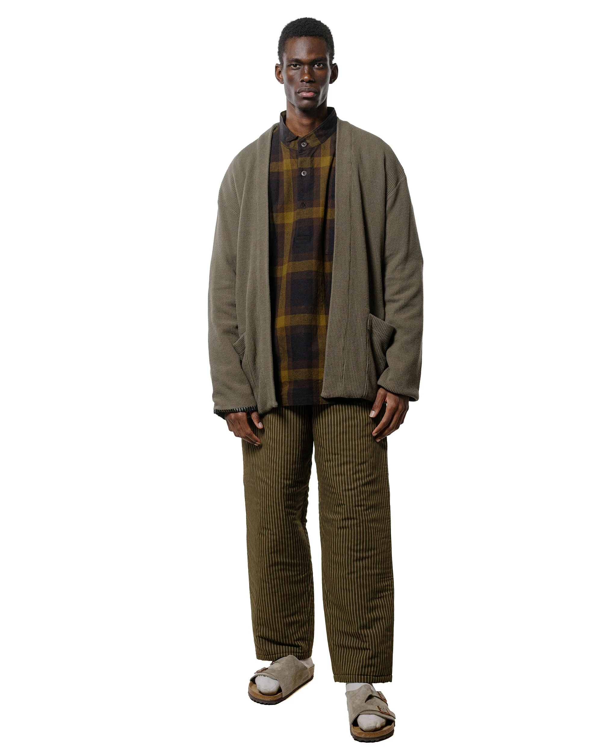 ts(s) Pullover Work Shirt Jacket Dark Tone Plaid Slub Cotton Cloth Olive - Image 4