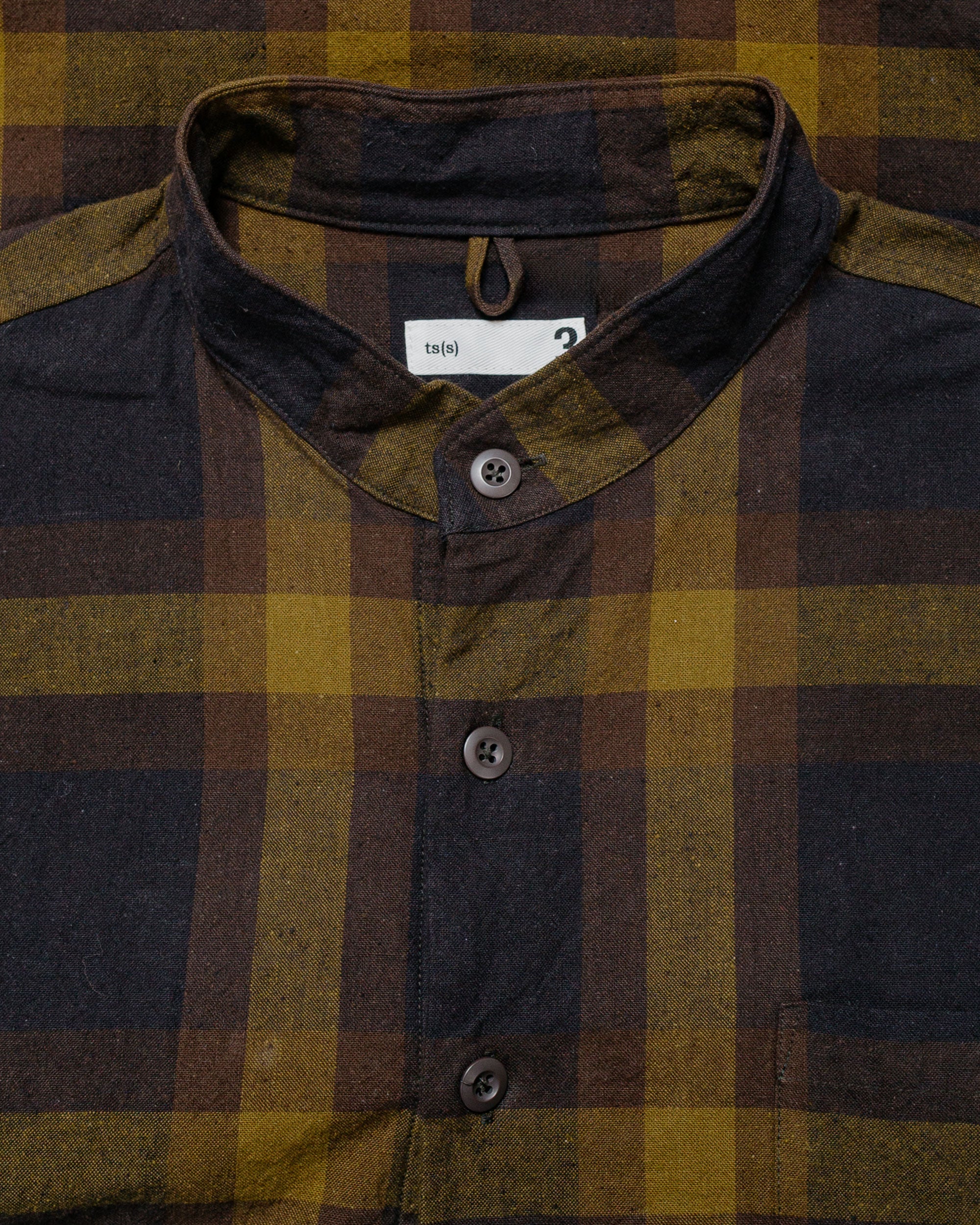ts(s) Pullover Work Shirt Jacket Dark Tone Plaid Slub Cotton Cloth Olive - Image 5