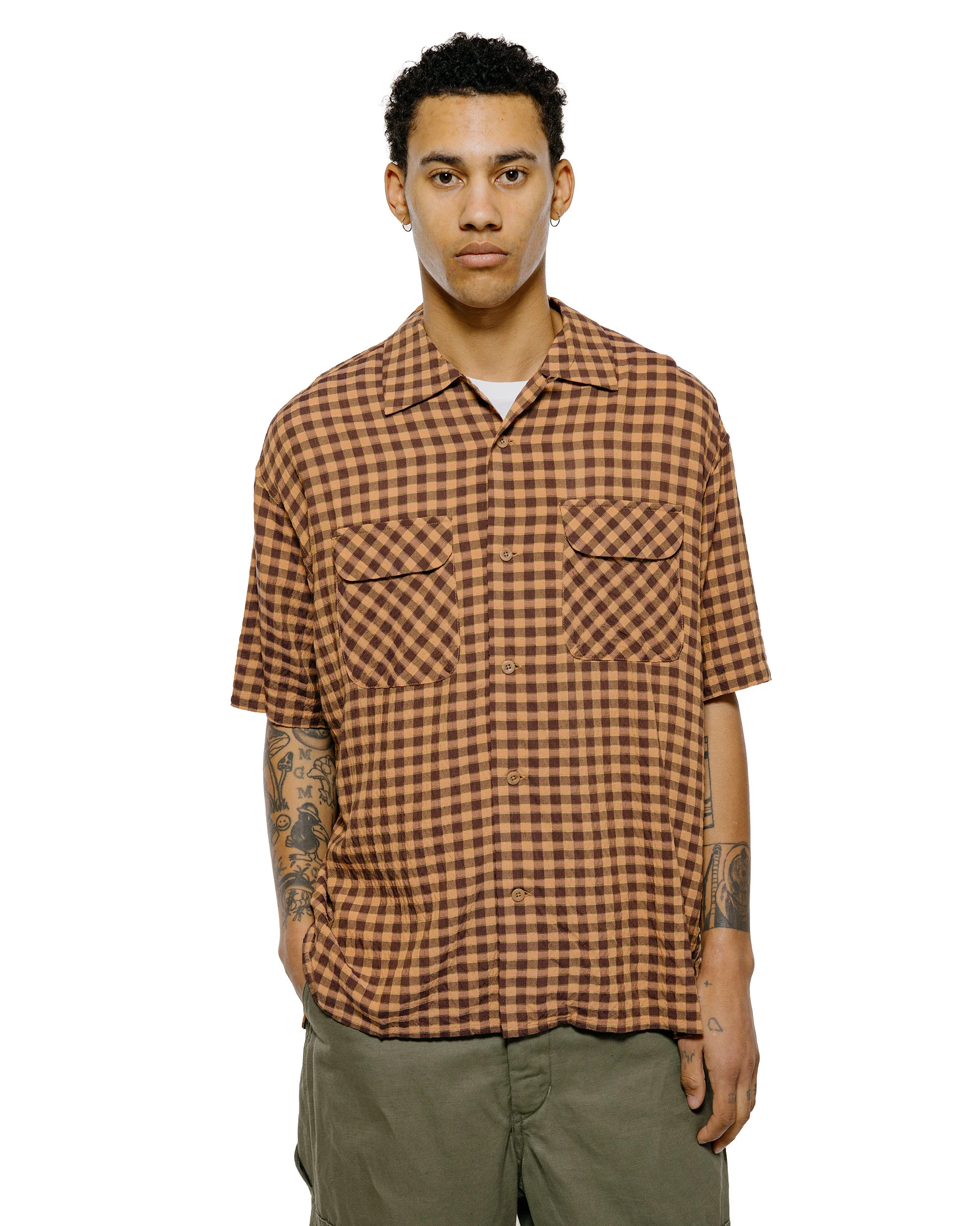 ts(s) Round Flap Pocket Short Sleeve Shirt Gingham Plaid Viscose/Nylon Crinkle Cloth Brown - Image 2