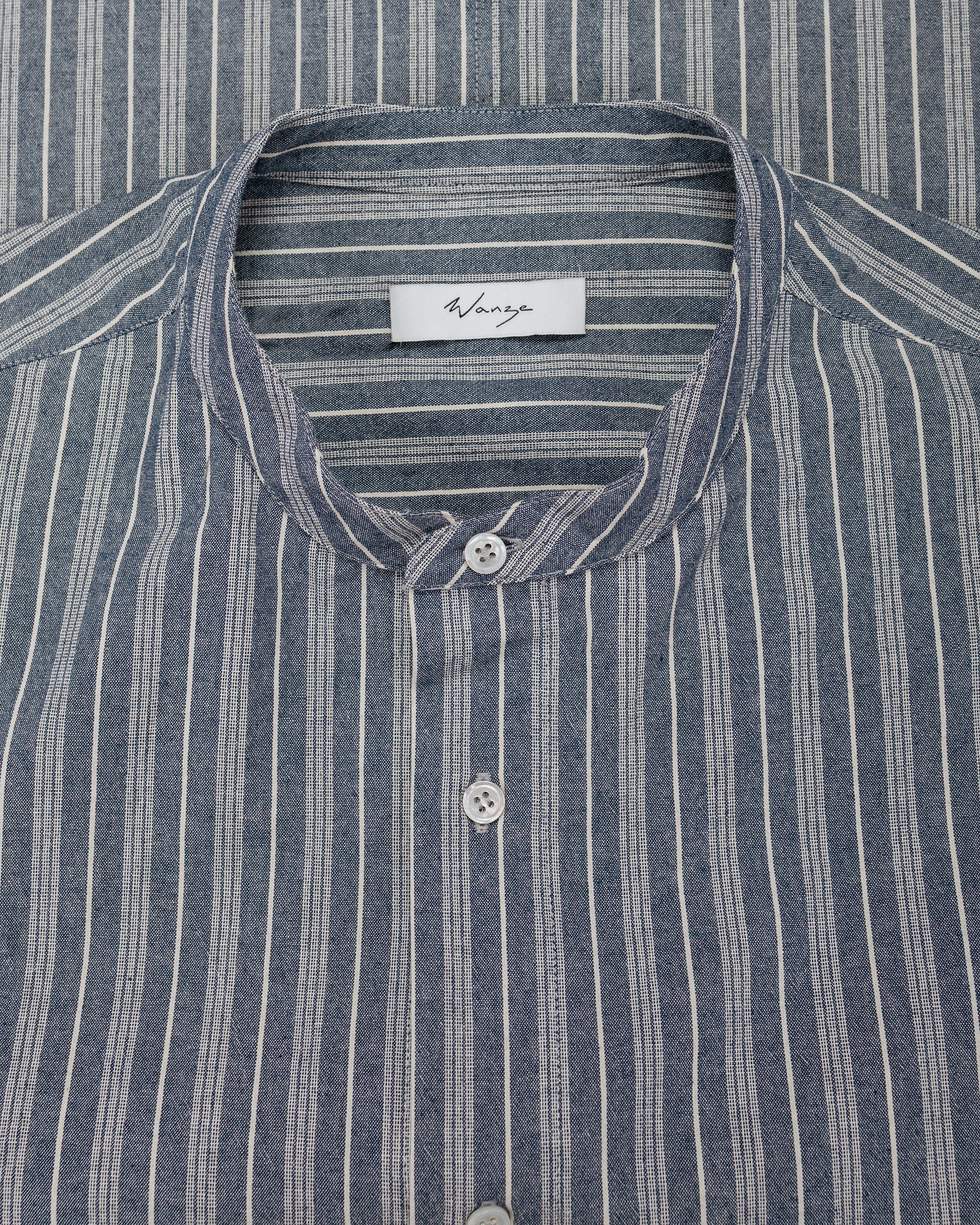 Wanze Band Collar Shirt Cotton Stripe Indigo - Image 5