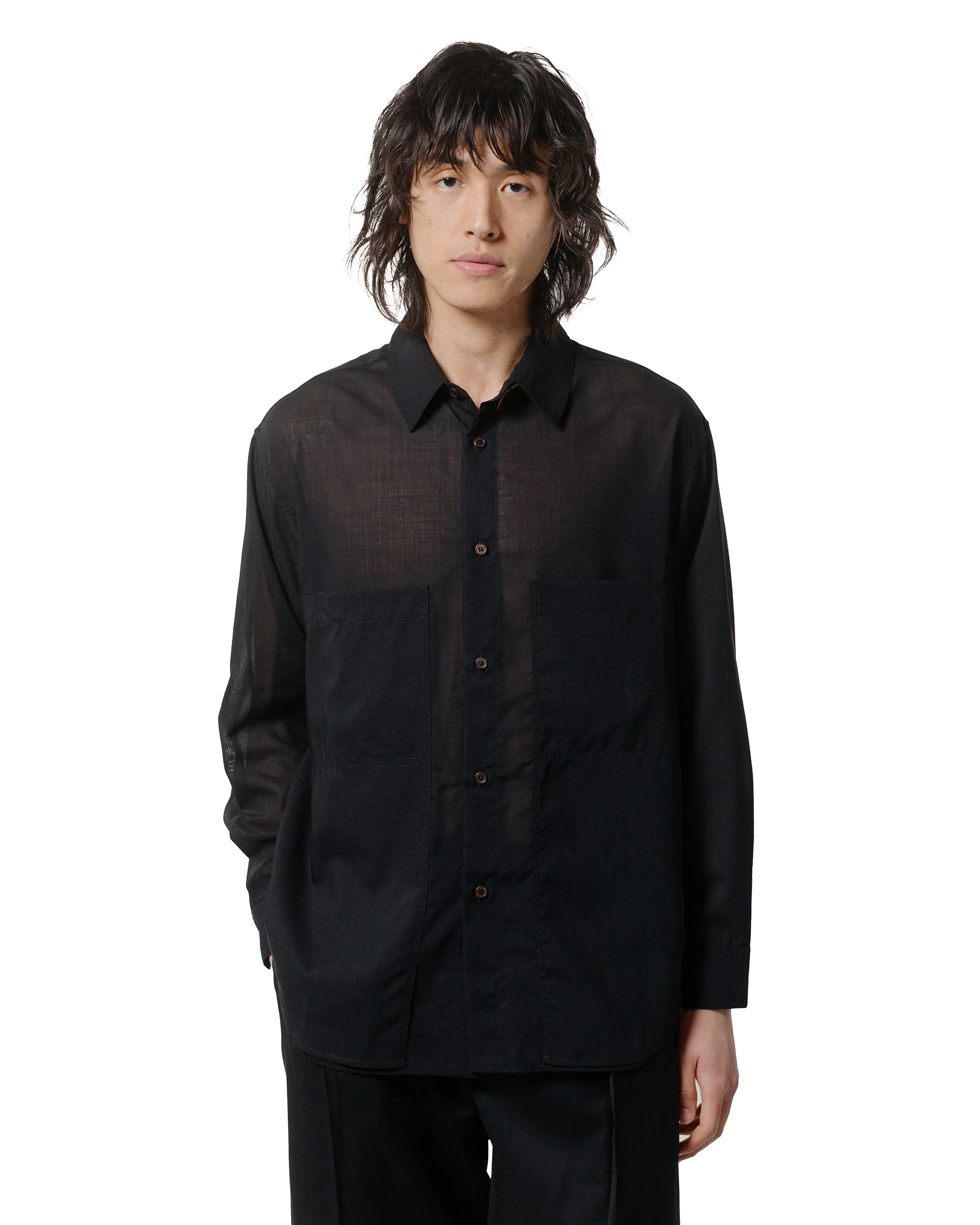 Wanze Layered Button Up Shirt Wool Voile Black - Image 2